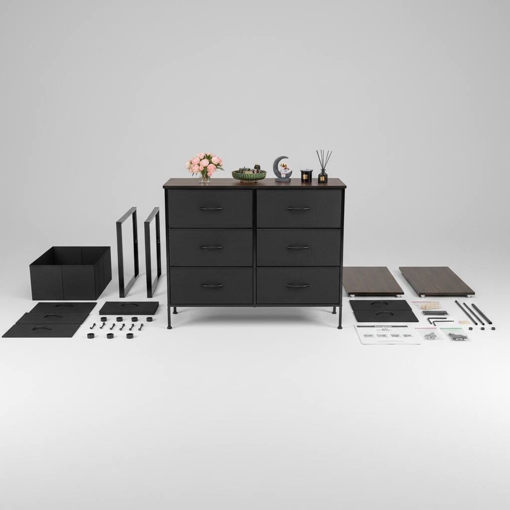 Back. AOITUN - 6 Drawer Dresser for Bedroom, Wide TV Stand for 50 Inch TV, Fabric Storage Chest with Wood Top, Metal Frame, Black - Black.