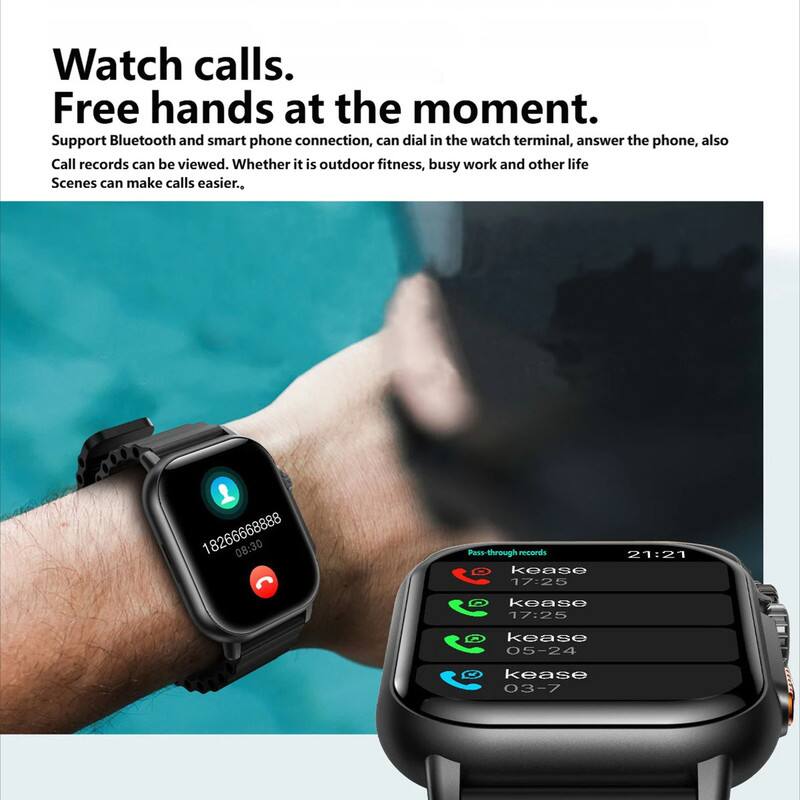 Watch calls.  
Free hands at the moment.  

Support Bluetooth and smart phone connection, can dial in the watch terminal, answer the phone, also Call records can be viewed. Whether it is outdoor fitness, busy work and other life Scenes can make calls easier.  

18266668888  
08:30  
Pass through records  
21:21  
kease  
17:25  
kease  
17:25  
kease  
05-24  
kease  
03-7