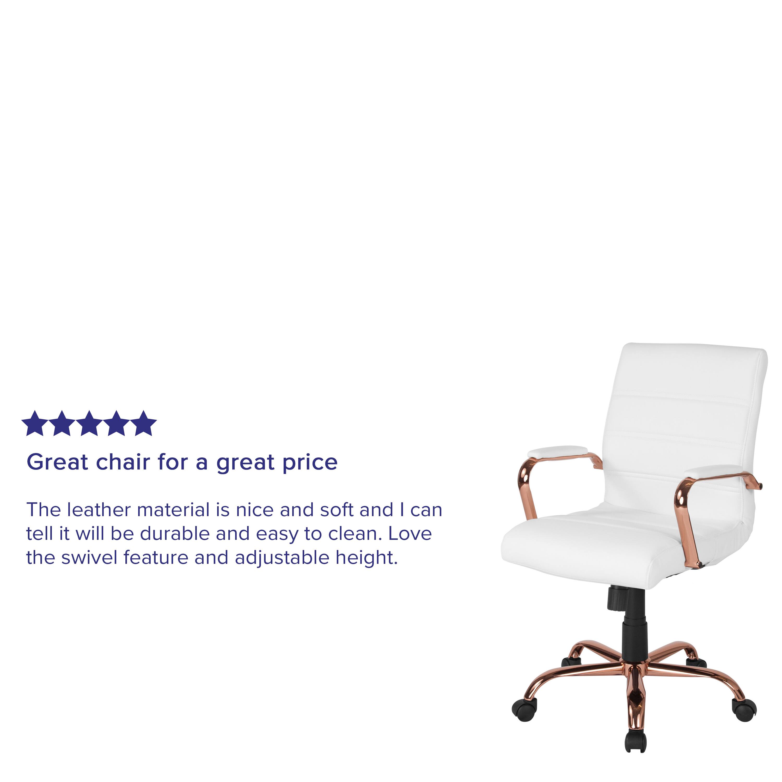Great chair for a great price

The leather material is nice and soft and I can tell it will be durable and easy to clean. Love the swivel feature and adjustable height.