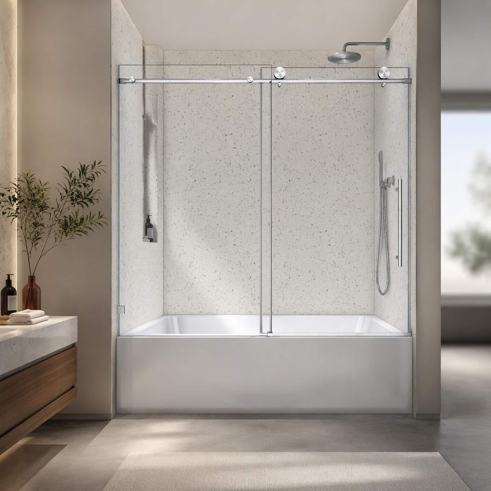 RYHNUYNE - Frameless Shower Door With 70mm Steel Pulleys, Soft Close And Nano Easy Clean - Brushed Nickel