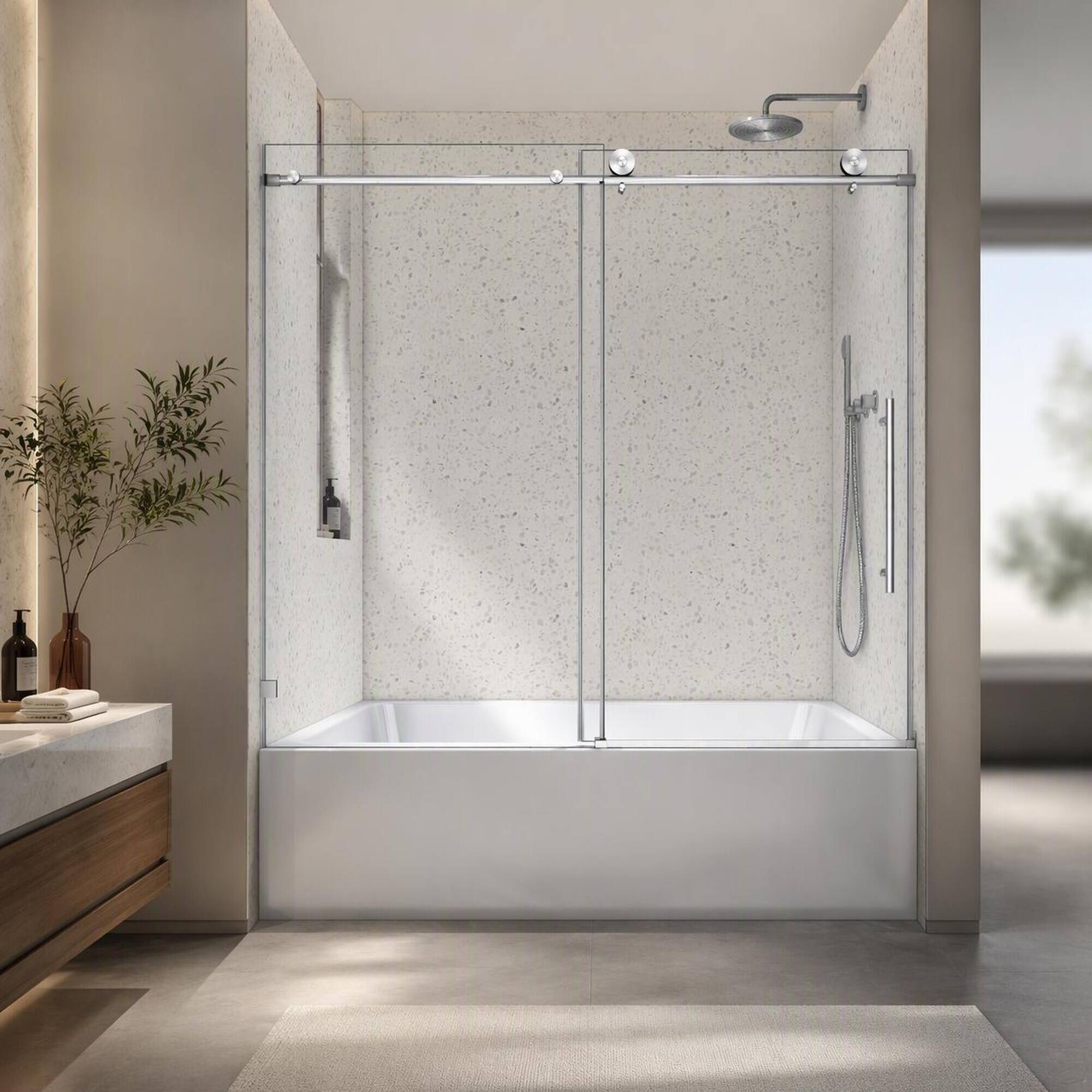 Front. RYHNUYNE - Brushed Nickel Frameless Shower Door With 70mm Steel Pulleys, Soft Close And Nano Easy Clean - Brushed Nickel.