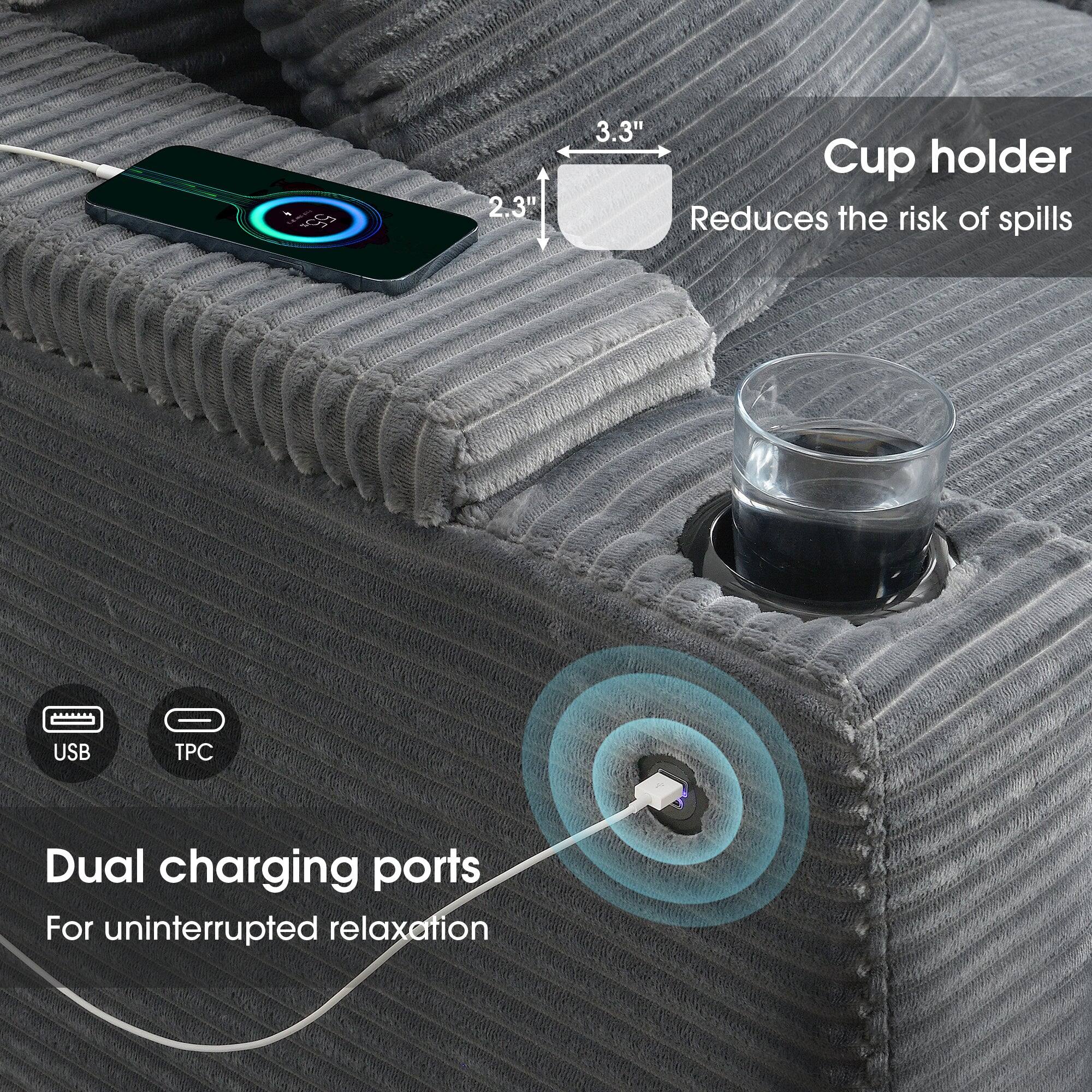 - Cup holder
  - Reduces the risk of spills

- Dual charging ports
  - For uninterrupted relaxation

- USB
- TPC

- 2.3"
- 3.3"