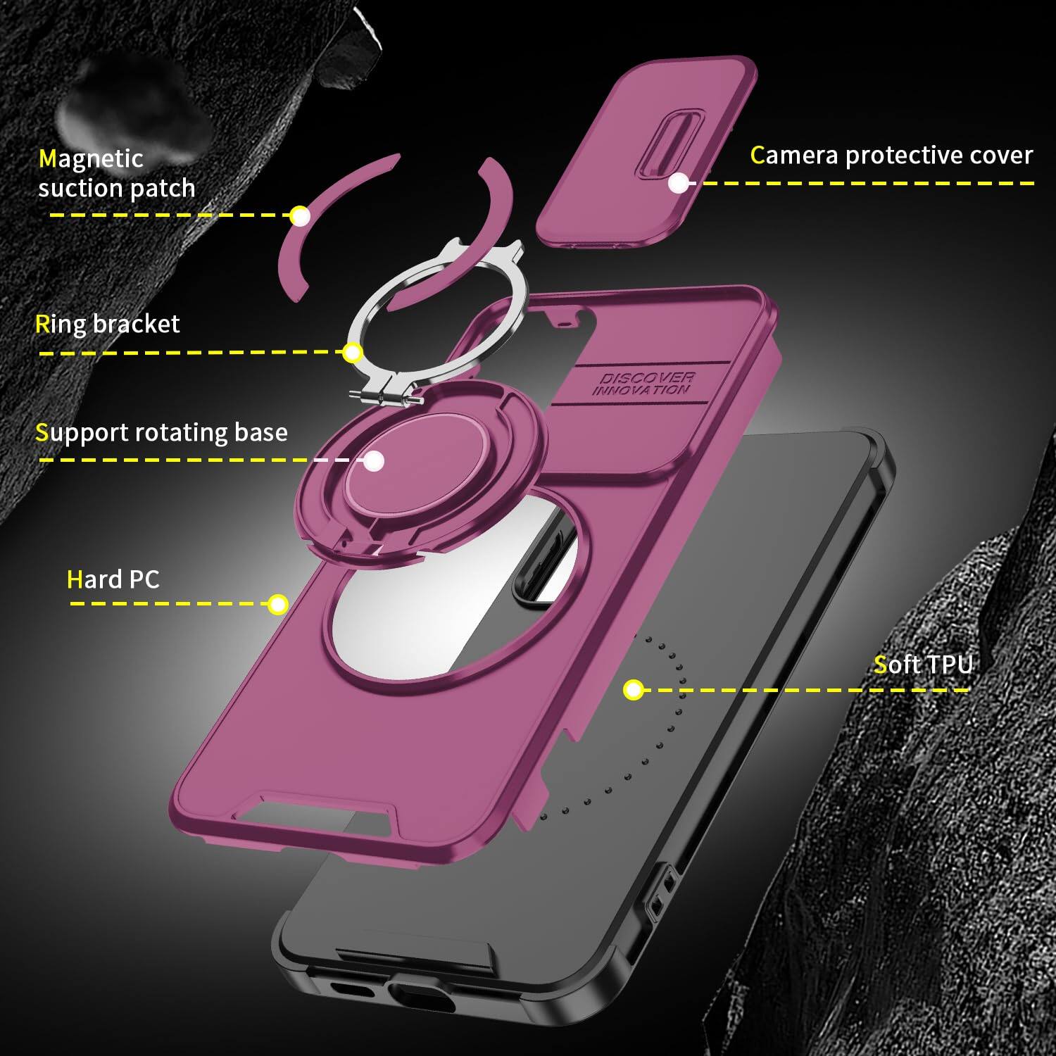 Magnetic suction patch  
Camera protective cover  
Ring bracket  
Support rotating base  
Hard PC  
Soft TPU