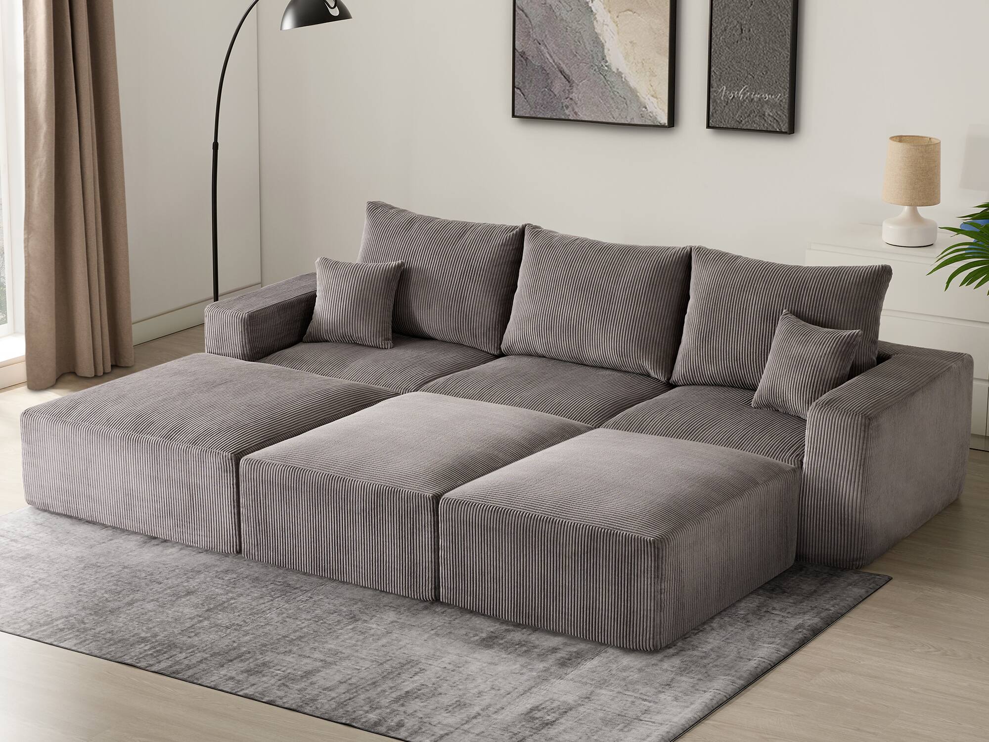 Front. GRANDJOY - 113" Modular Foam Sofa Bed with 3 Ottomans, Corduroy Sleeper Couch, No Assembly - Gray.