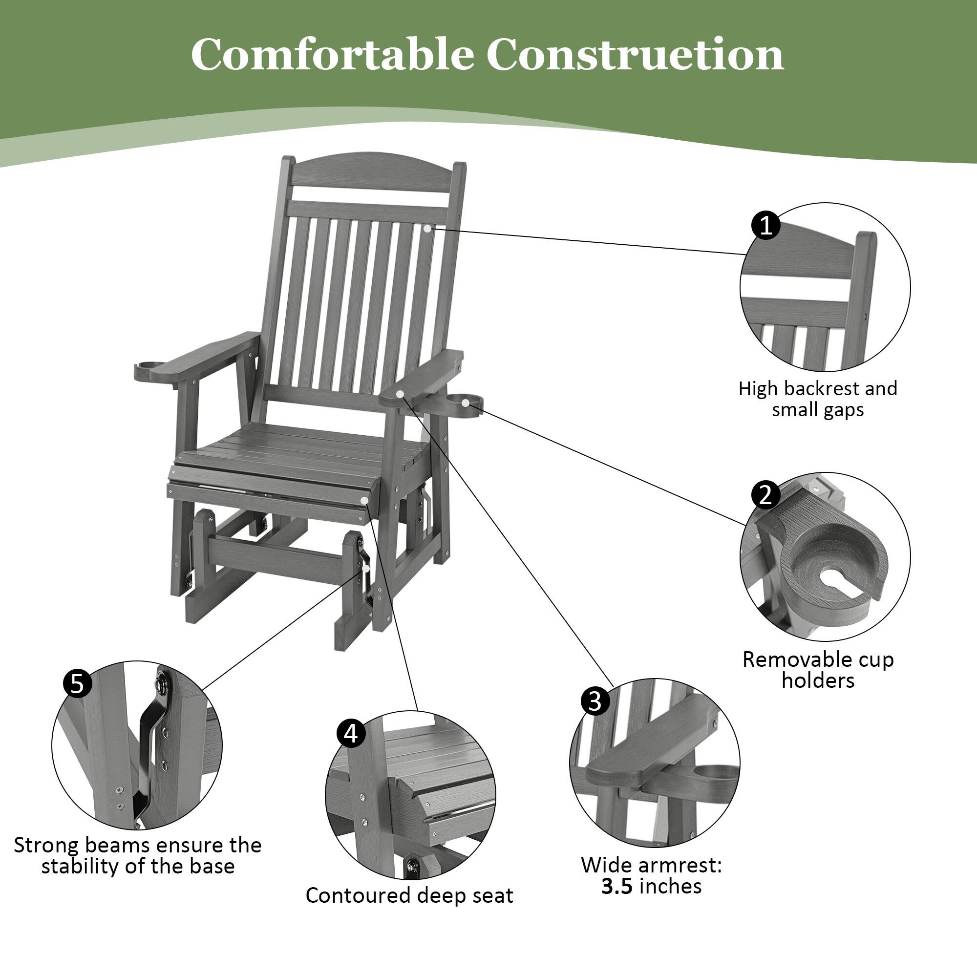 Comfortable Construction

1. High backrest and small gaps
2. Removable cup holders
3. Wide armrest: 3.5 inches
4. Contoured deep seat
5. Strong beams ensure the stability of the base