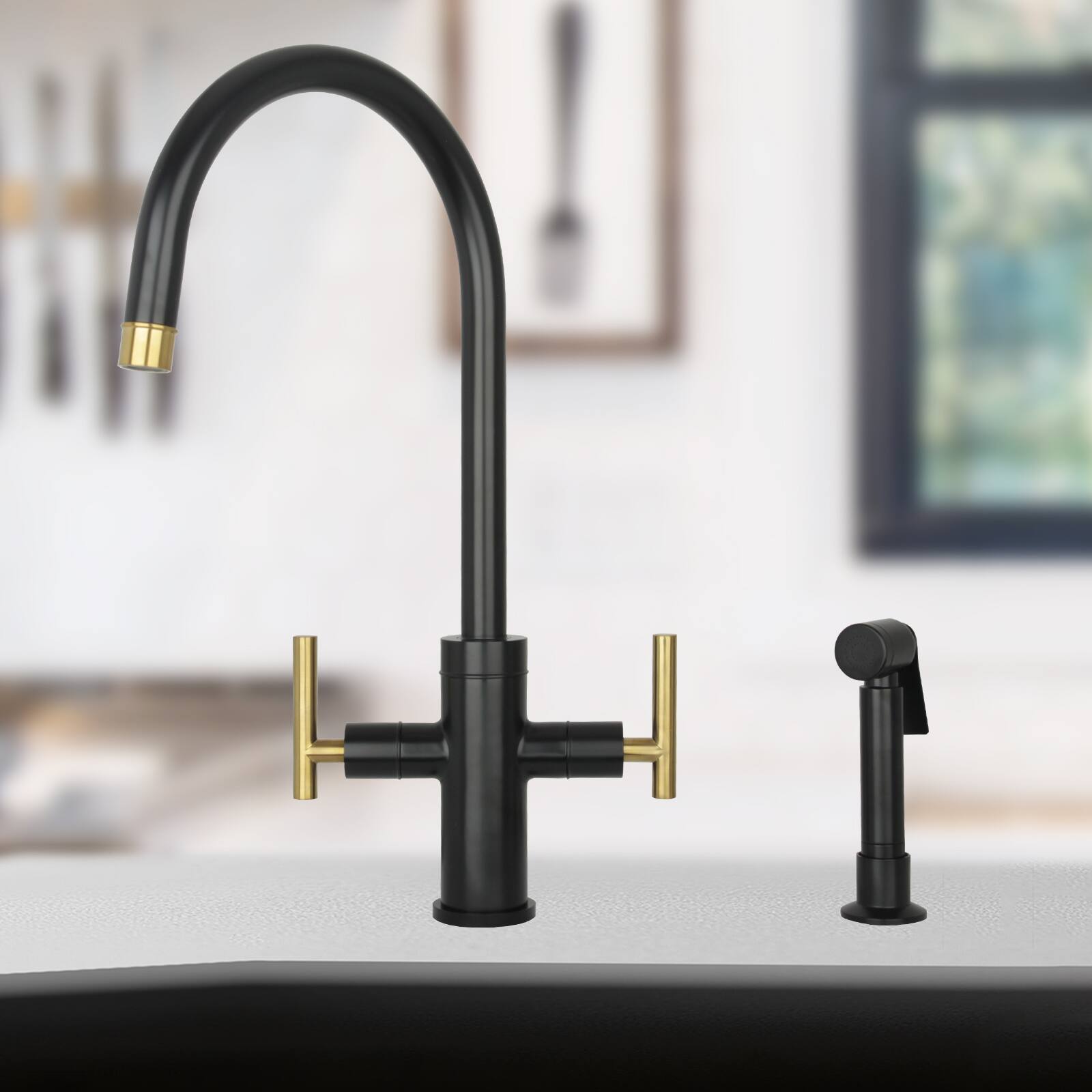 Alt View 7. Akicon - Akicon Two-Handles 360° Swivel Widespread Kitchen Faucet with Side Sprayer in Matte Black & Brushed Gold - Matte Black & Brushed Gold.