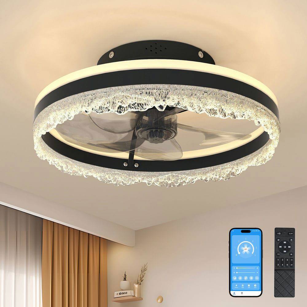 Front. Kadyn - 16" Quiet Ceiling Fan with Light – LED Crystal Flush Mount Fan Lamp with Hidden Blades and Natural Airflow, Black - Black.