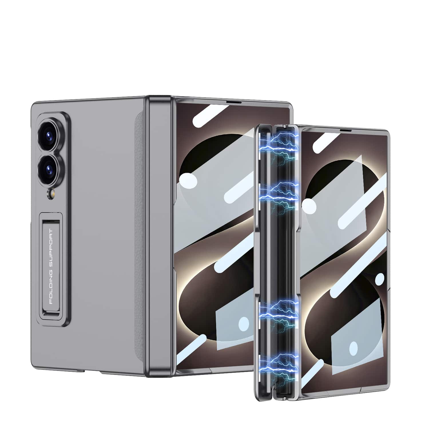 Dteck - Shockproof Case for Samsung Galaxy Z Fold8 with Kickstand, Rigid PC Cover Built-in Screen Film Magnetic Hinge Shield - Gray