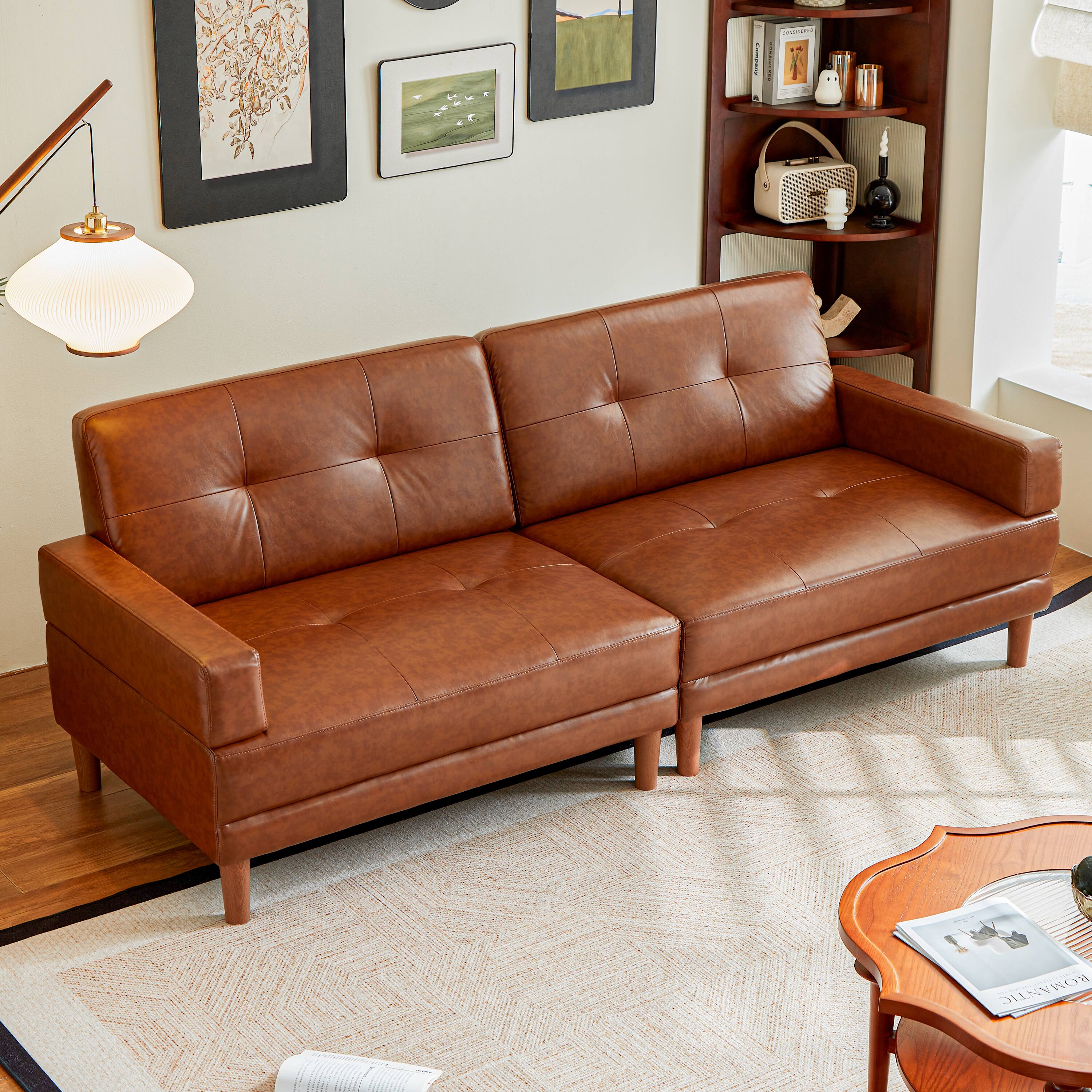 Alt View 3. MSOOB - 94.5" Mid-Century Modern Faux Waxed Leather Sofa, 3-Seater Living Room Leather Couch with Square Arms and Tufted Back - Brown.