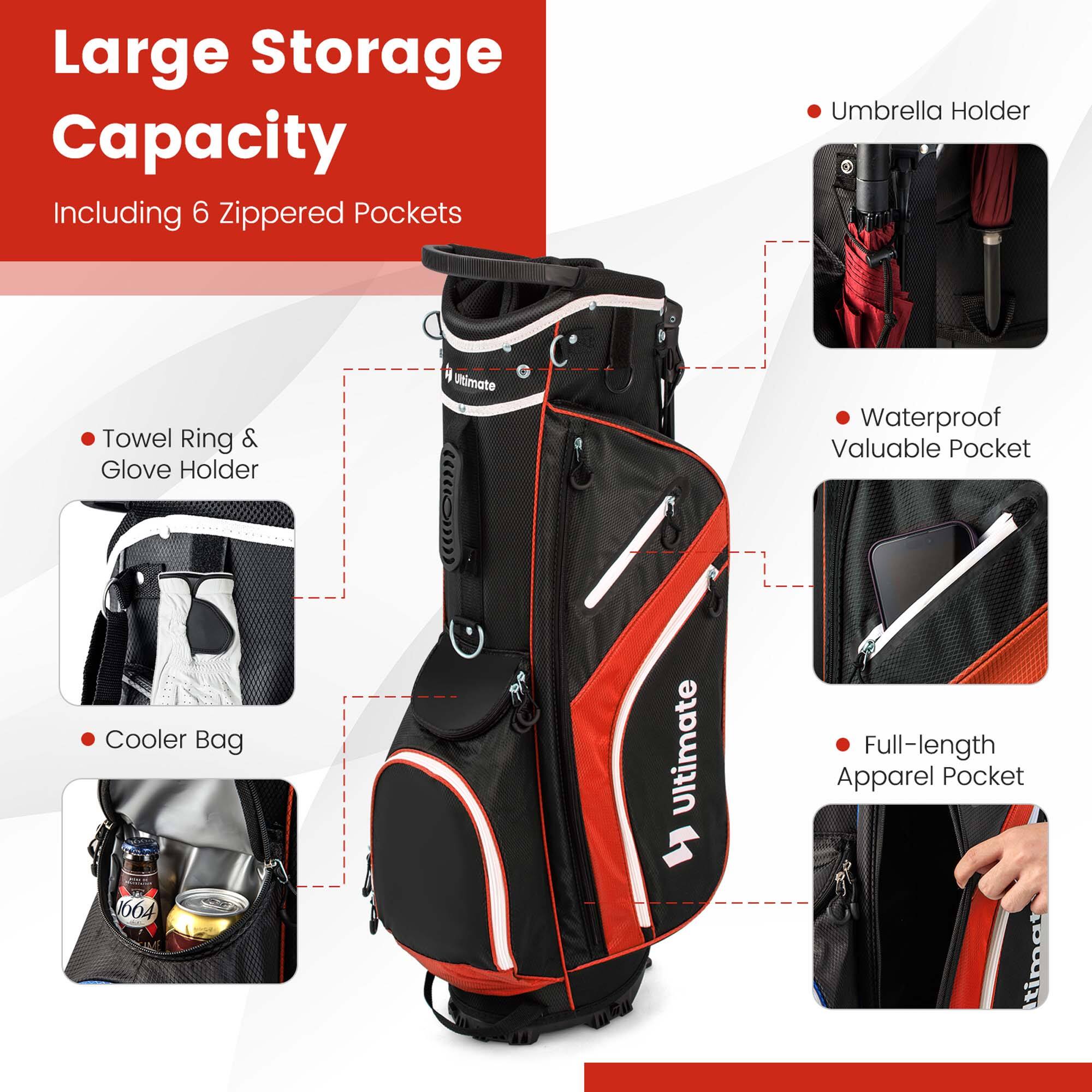 Large Storage Capacity  
Including 6 Zippered Pockets  

- Towel Ring & Glove Holder  
- Cooler Bag  
- Umbrella Holder  
- Waterproof Valuable Pocket  
- Full-length Apparel Pocket
