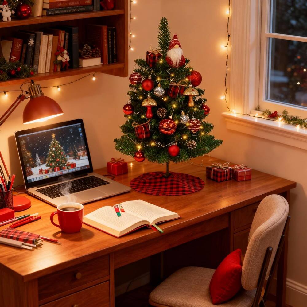 Left. RTMB - 2ft Mini Tabletop Christmas Tree with Lights, Gnome, and DIY Ornaments - Green.