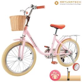 Topteng - 18-Inch Kids Bike with Basket - High-Carbon Steel Frame, Adjustable Seat,Dual Brakes&Training Wheels for Ages 7-9 - Pink