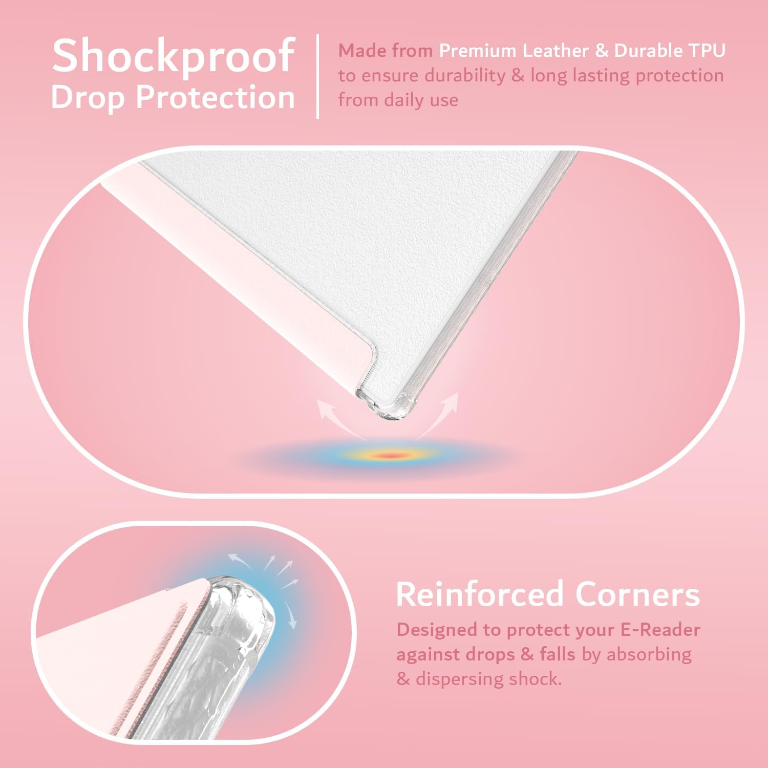 Made from Premium Leather & Durable TPU to ensure durability & long lasting protection from daily use

Shockproof Drop Protection

Reinforced Corners
Designed to protect your E-Reader against drops & falls by absorbing & dispersing shock.