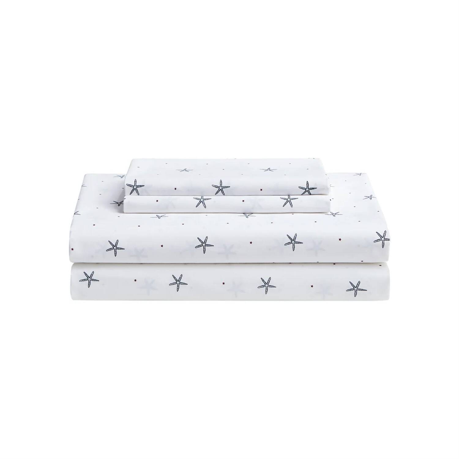 Left. Hivvago - Queen size Coastal Beach Starfish White Navy Red 100-Percent Cotton Sheet Set - White.