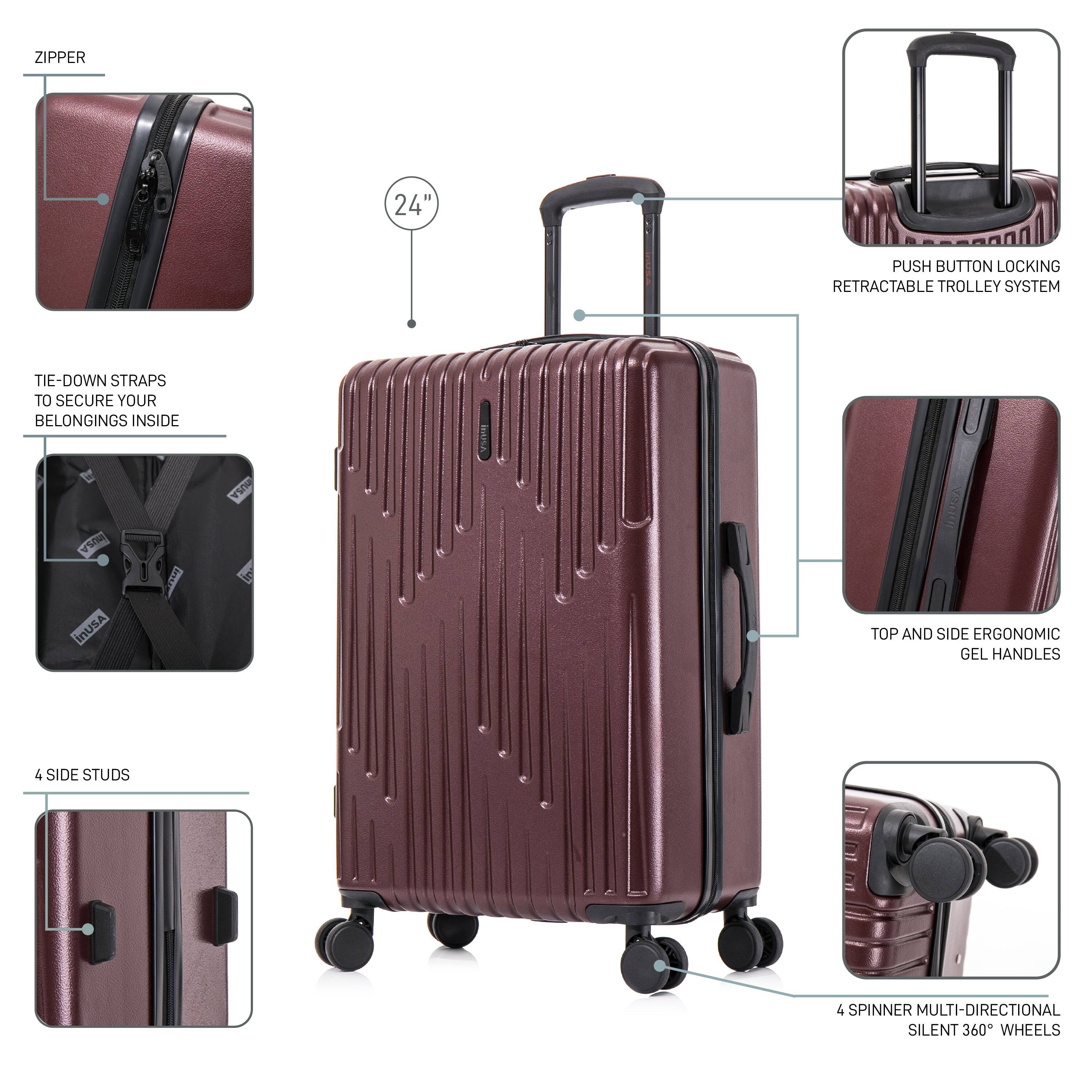 ZIPPER  
24"  
PUSH BUTTON LOCKING RETRACTABLE TROLLEY SYSTEM  
TIE-DOWN STRAPS TO SECURE YOUR BELONGINGS INSIDE  
4 SIDE STUDS  
TOP AND SIDE ERGONOMIC GEL HANDLES  
4 SPINNER MULTI-DIRECTIONAL SILENT 360° WHEELS