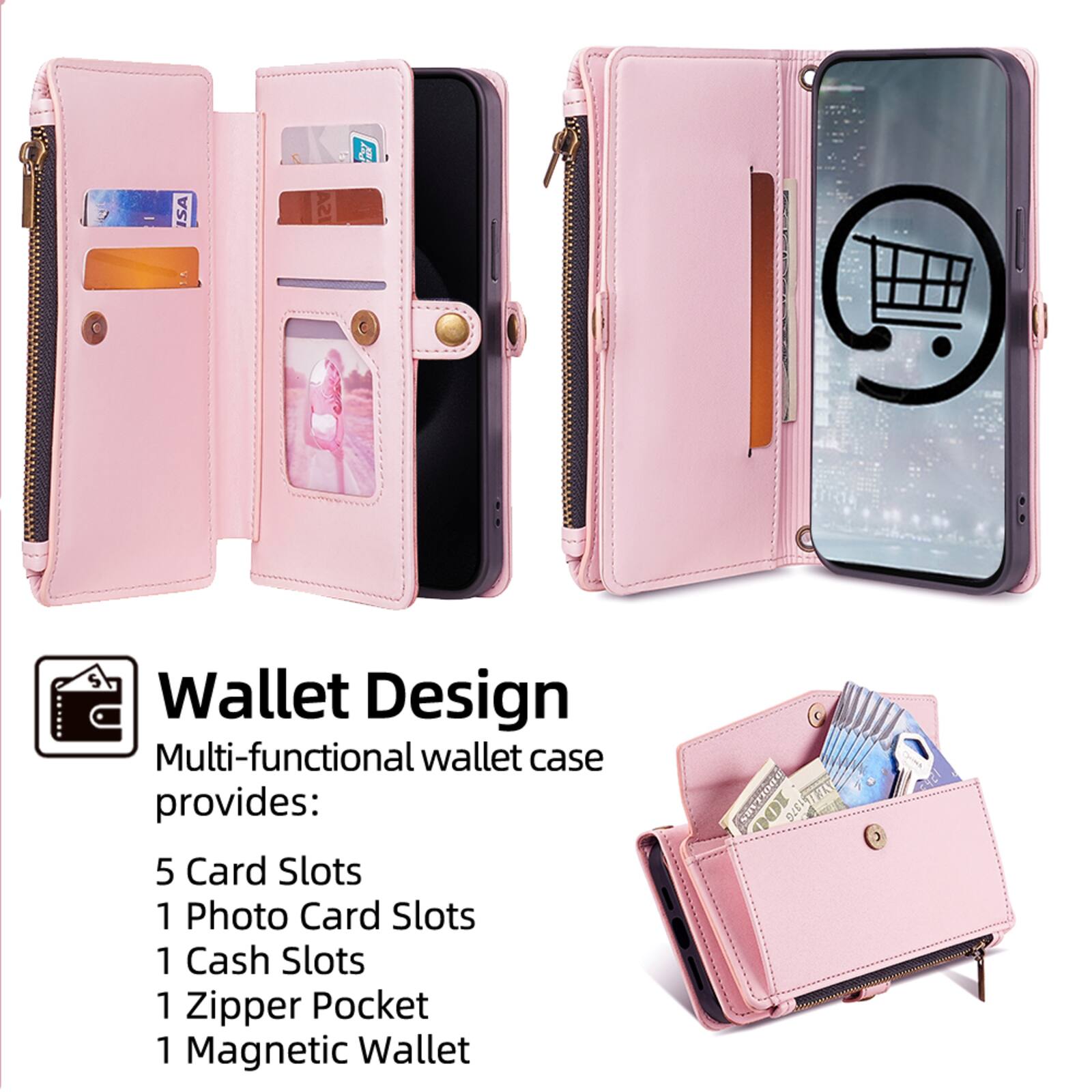 Wallet Design  
Multi-functional wallet case provides:  
5 Card Slots  
1 Photo Card Slots  
1 Cash Slots  
1 Zipper Pocket  
1 Magnetic Wallet