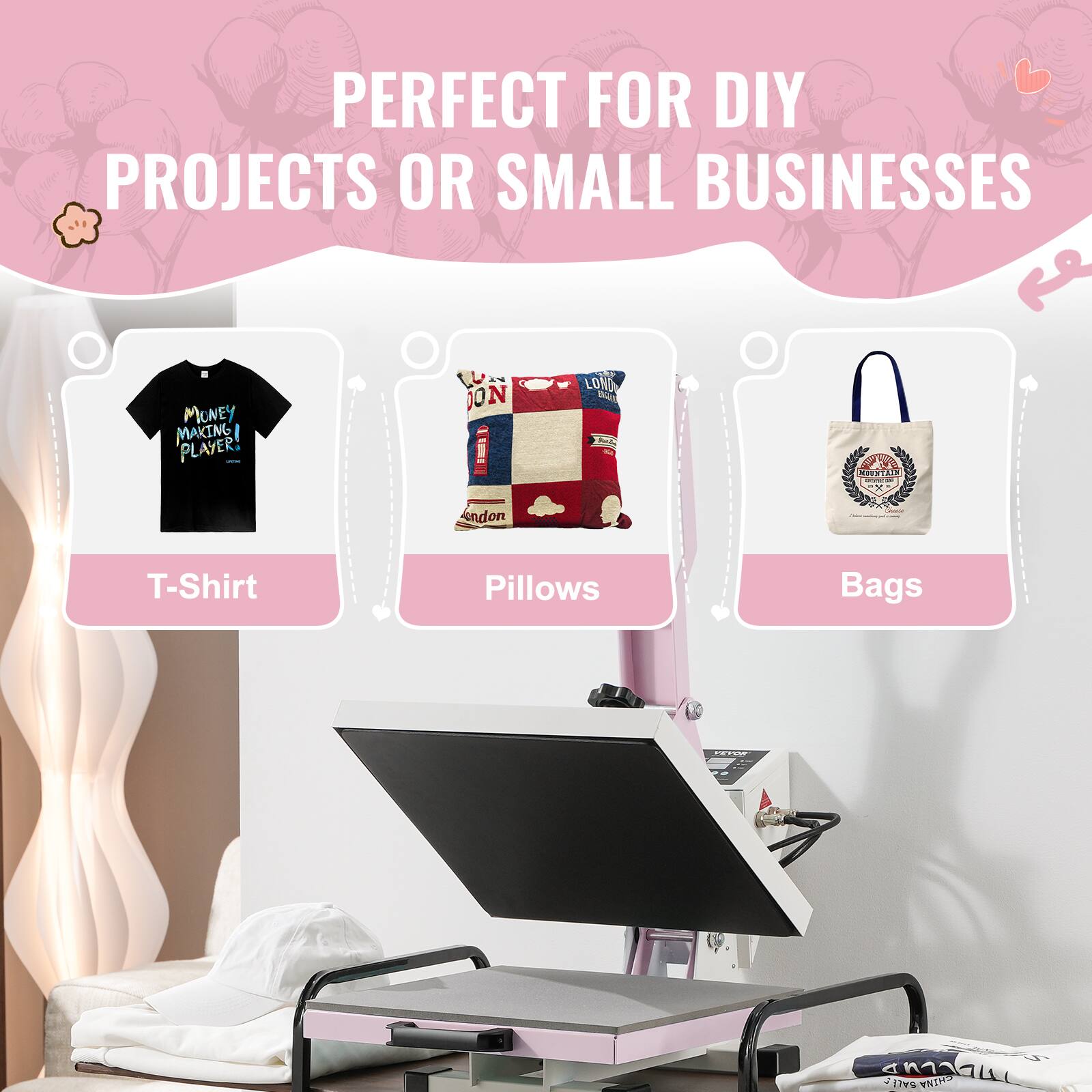 PERFECT FOR DIY PROJECTS OR SMALL BUSINESSES

- T-Shirt
- Pillows
- Bags

MONEY MAKING PLAYER

LONDON

VEVOR

SALES CHINA