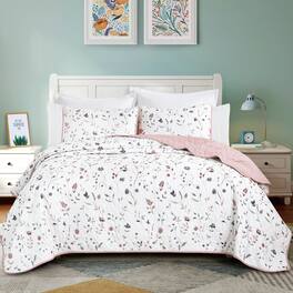 MarCielo - 3 Piece Lightweight Quilt Bedspread Set Reversible Floral Botanical - Pink Wildflower