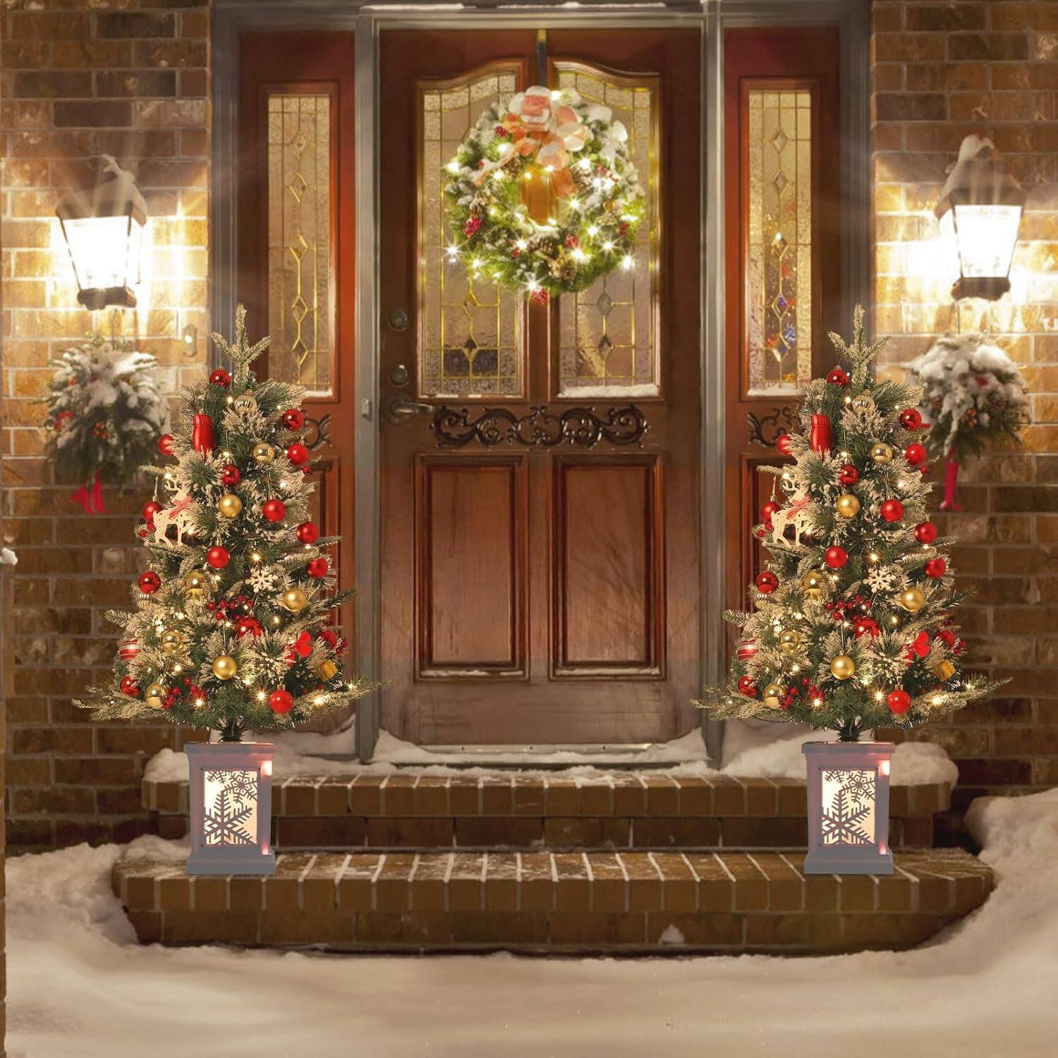 Left. Qeetex - 3ft Pre-Lit Christmas Tree, Mini Xmas Tree with 78 LED Lights for Indoor/Outdoor Decor - Green 2pcs.