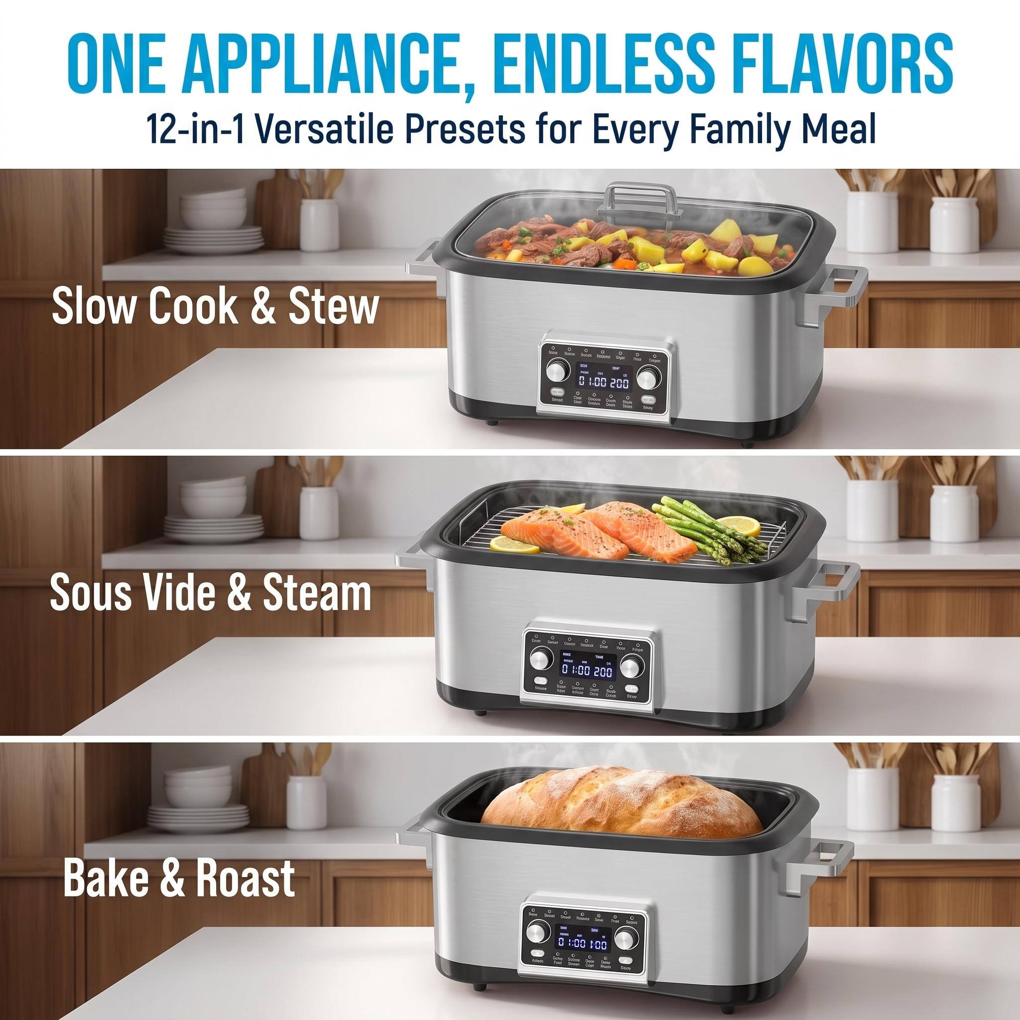 ONE APPLIANCE, ENDLESS FLAVORS  
12-in-1 Versatile Presets for Every Family Meal

Slow Cook & Stew

Sous Vide & Steam

Bake & Roast
