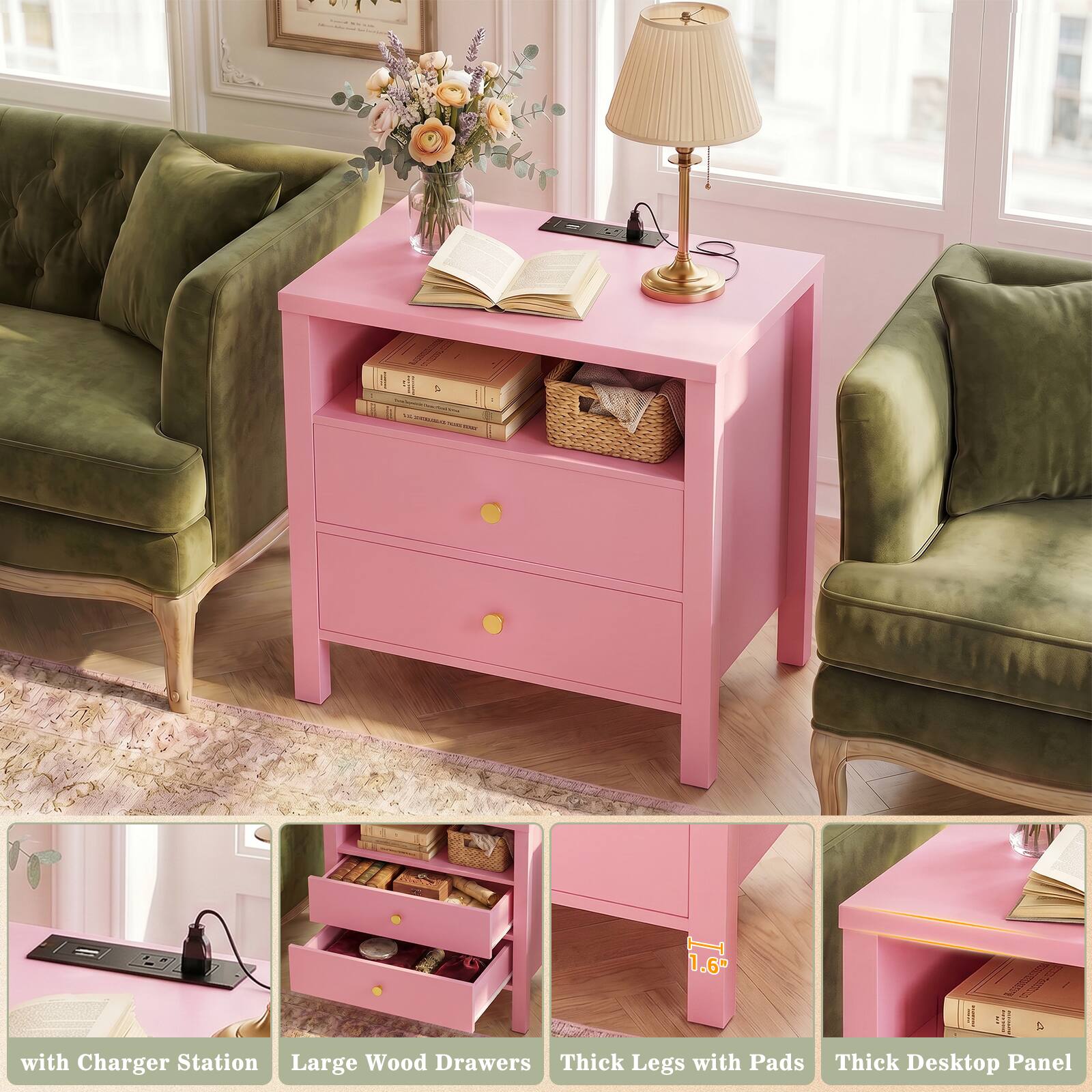 2 - 1.6" 1

fa with Charger Station Large Wood Drawers Thick Legs with Pads Thick Desktop Panel