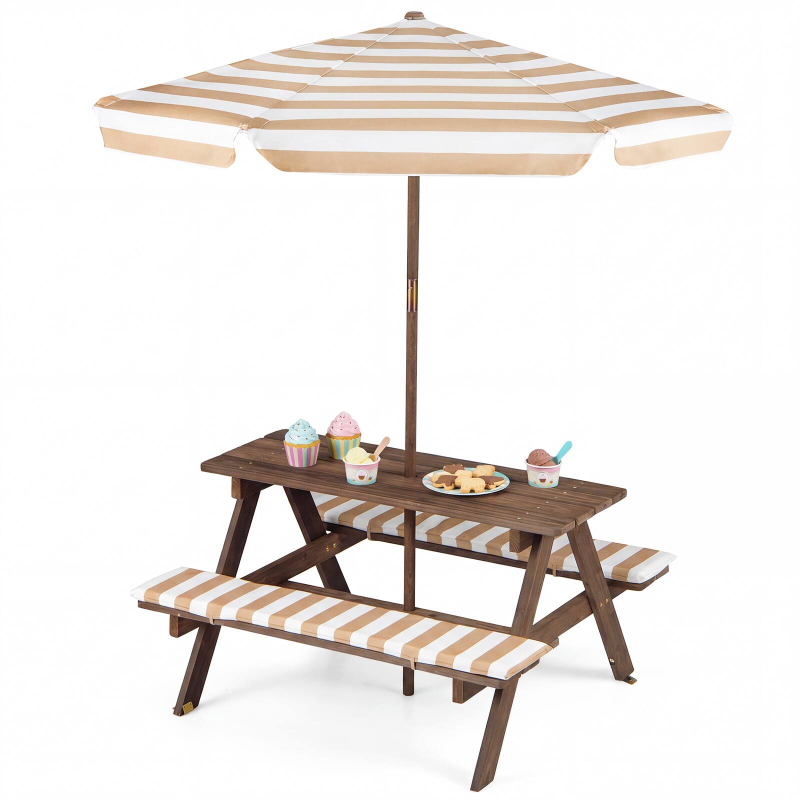 Alt View 9. Gymax - Gymax Kids Picnic Table w/Bench Seat Cushions Removable & Adjustable Umbrella for Yard Coffee & White - Brown.