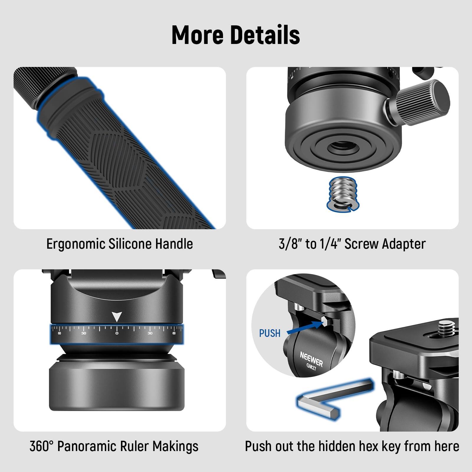 More Details

- Ergonomic Silicone Handle
- 3/8" to 1/4" Screw Adapter
- 360° Panoramic Ruler Makings
- Push out the hidden hex key from here