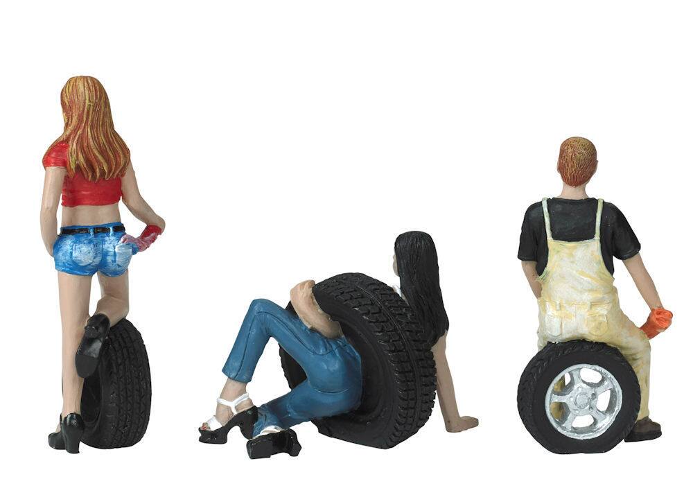Alt View 2. Motorhead Miniatures - Val, Andie and Derek Tire Brigade 3 piece Figurine Set 1/24 by Motorhead Miniatures.