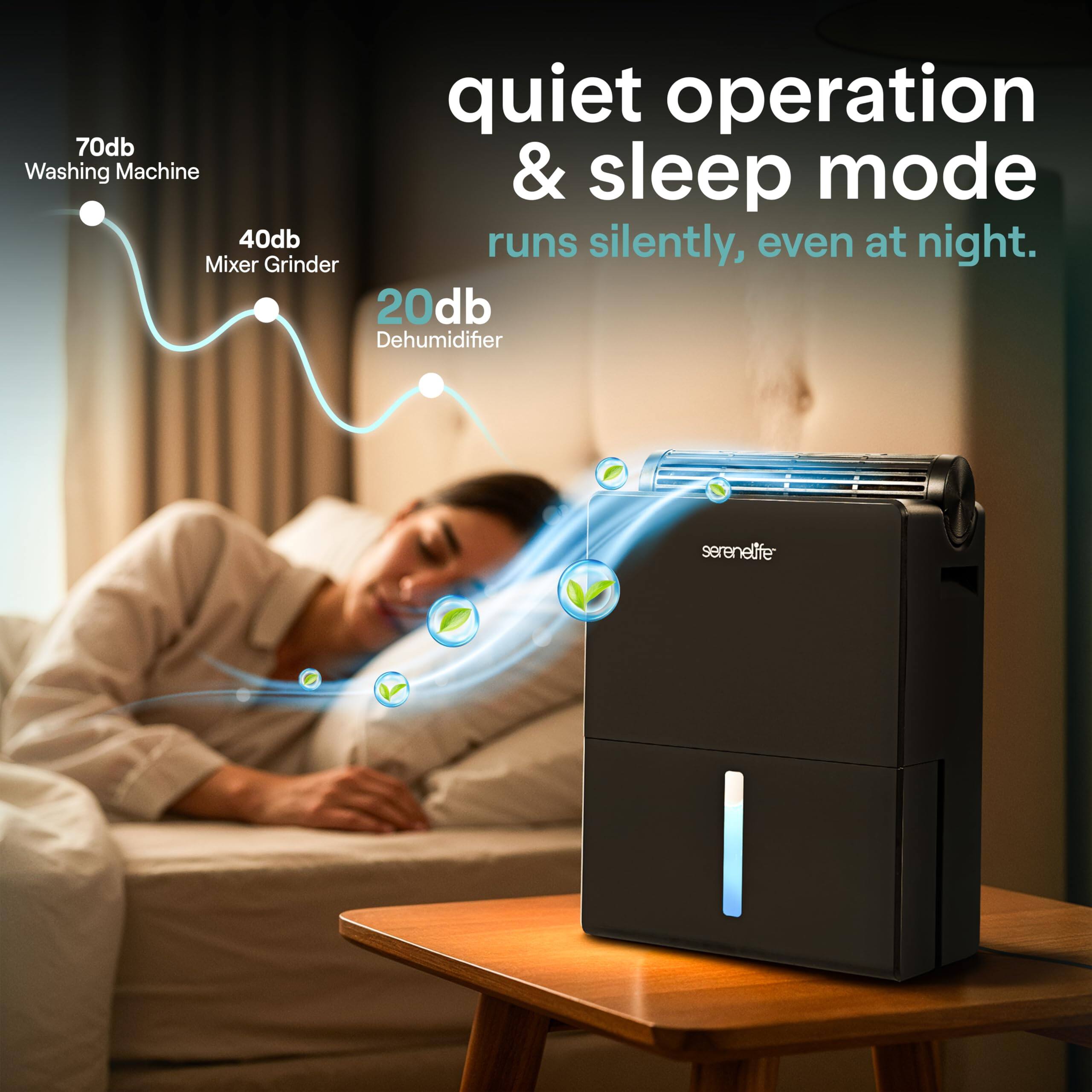 quiet operation & sleep mode  
runs silently, even at night.  

70db Washing Machine  
40db Mixer Grinder  
20db Dehumidifier  

serenelife
