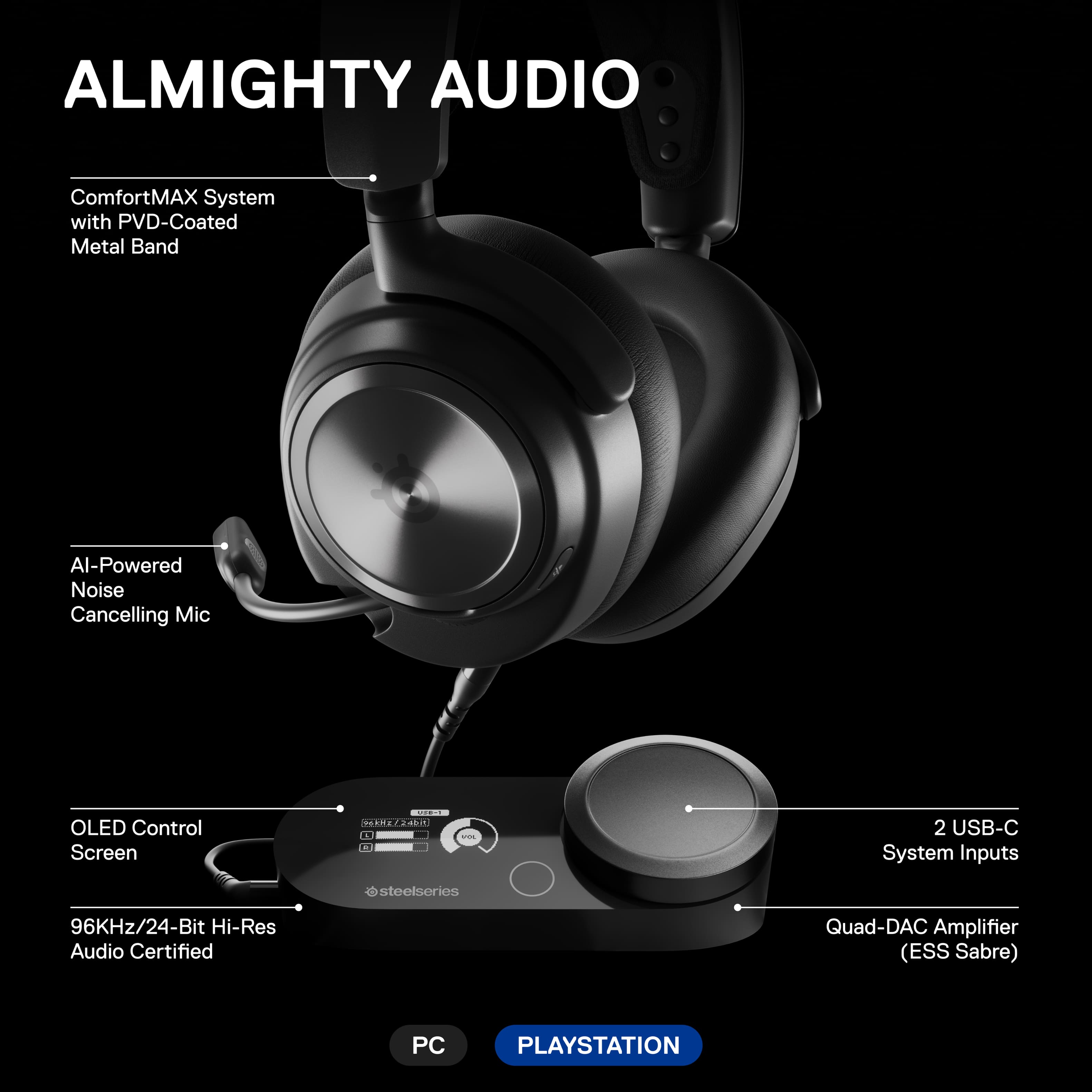 ALMIGHTY AUDIO ComfortMAX System with PVD-Coated Metal Band Al-Powered Noise Cancelling Mic OLED Control Screen: mE72AN - 2 USB-C System Inputs t steelseries 96KHz/24-Bit Hi-Res Audio Certified Quad-DAC Amplifier (ESS Sabre) PC PLAYSTATION