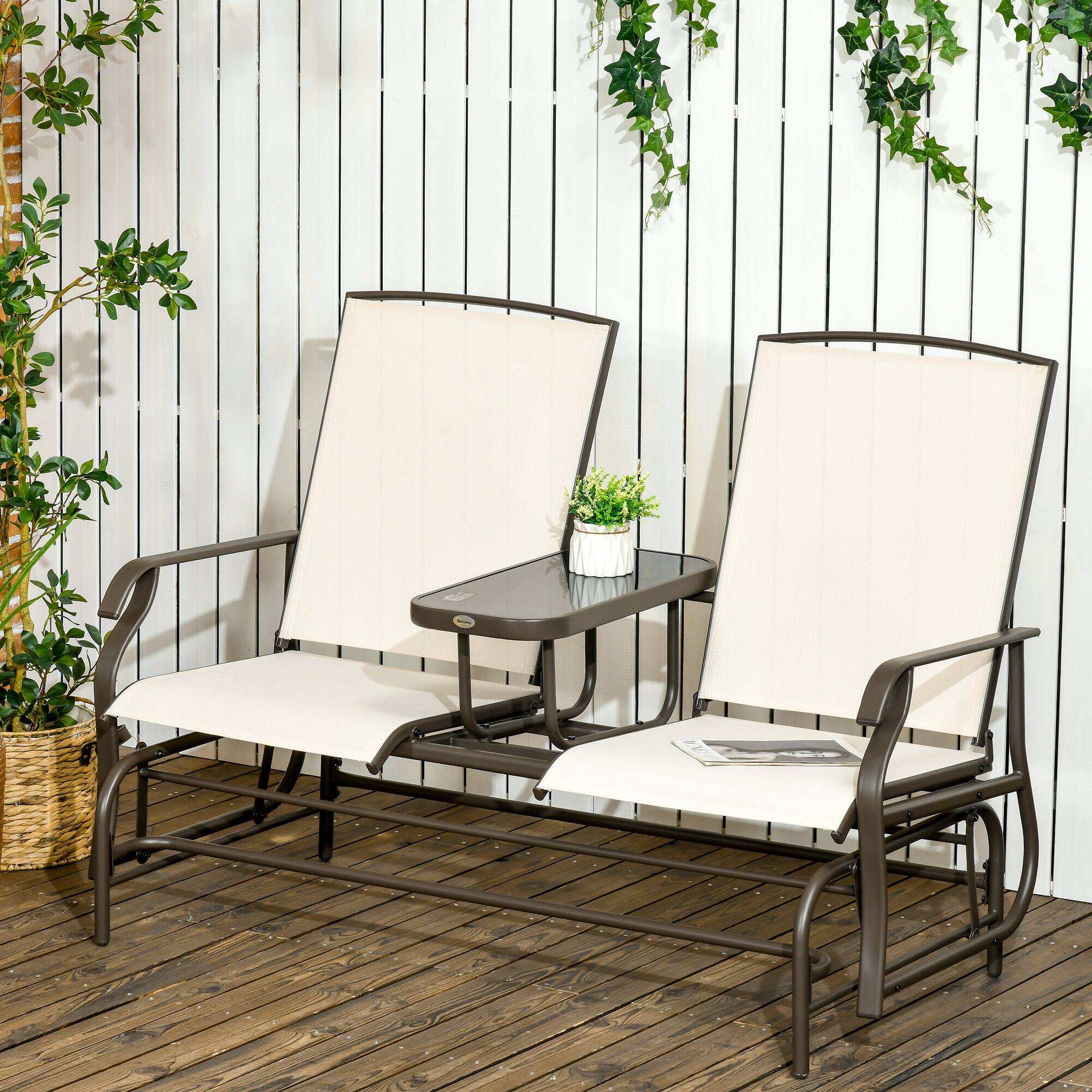 Angle. Outsunny - Outdoor Glider Bench with Center Table, Metal Frame Patio Loveseat with Breathable Mesh Fabric and Armrests - Beige.