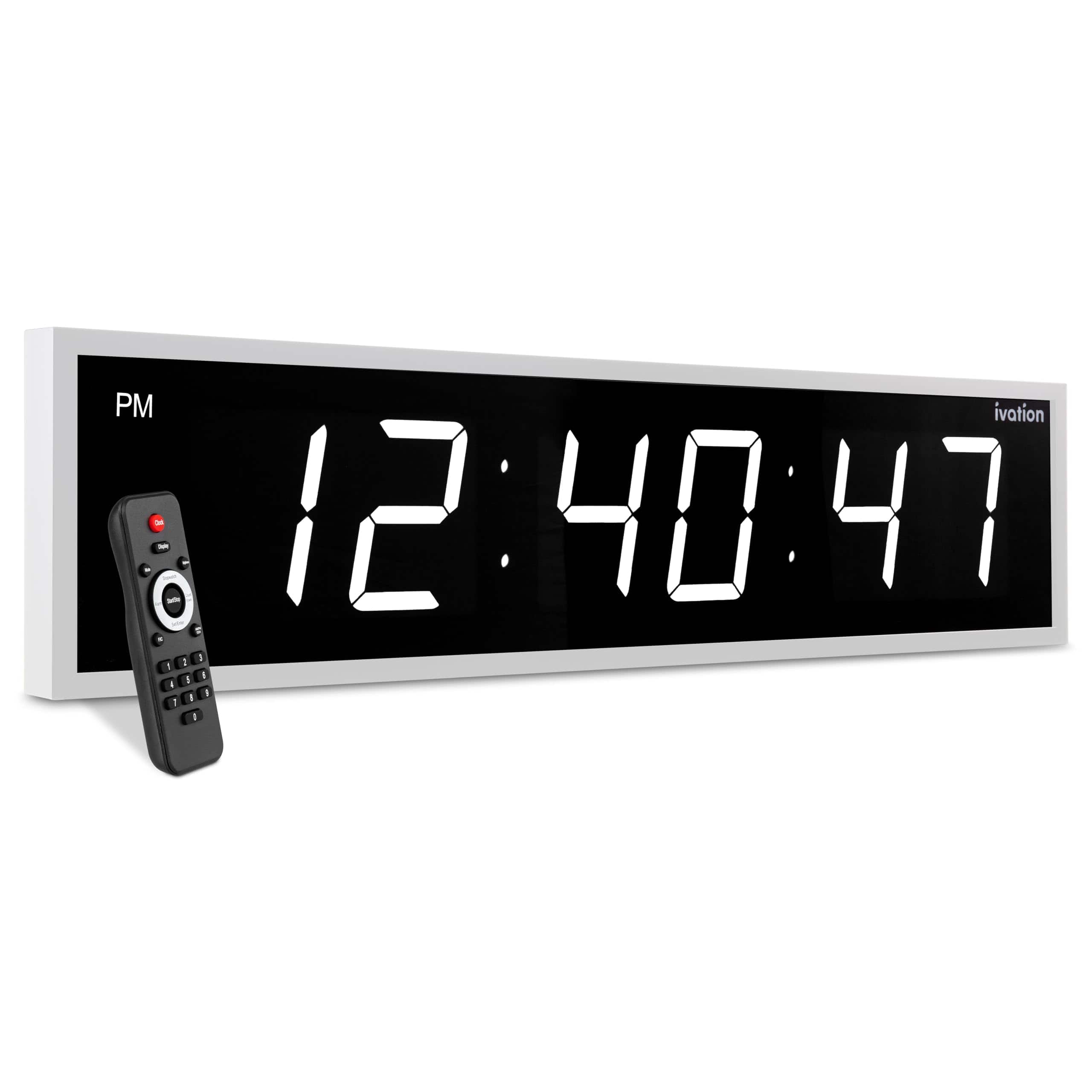 Ivation - Large Digital Clock, 60" Led Wall Clock with Stopwatch, Alarms, Timer, Temp & Remote - White