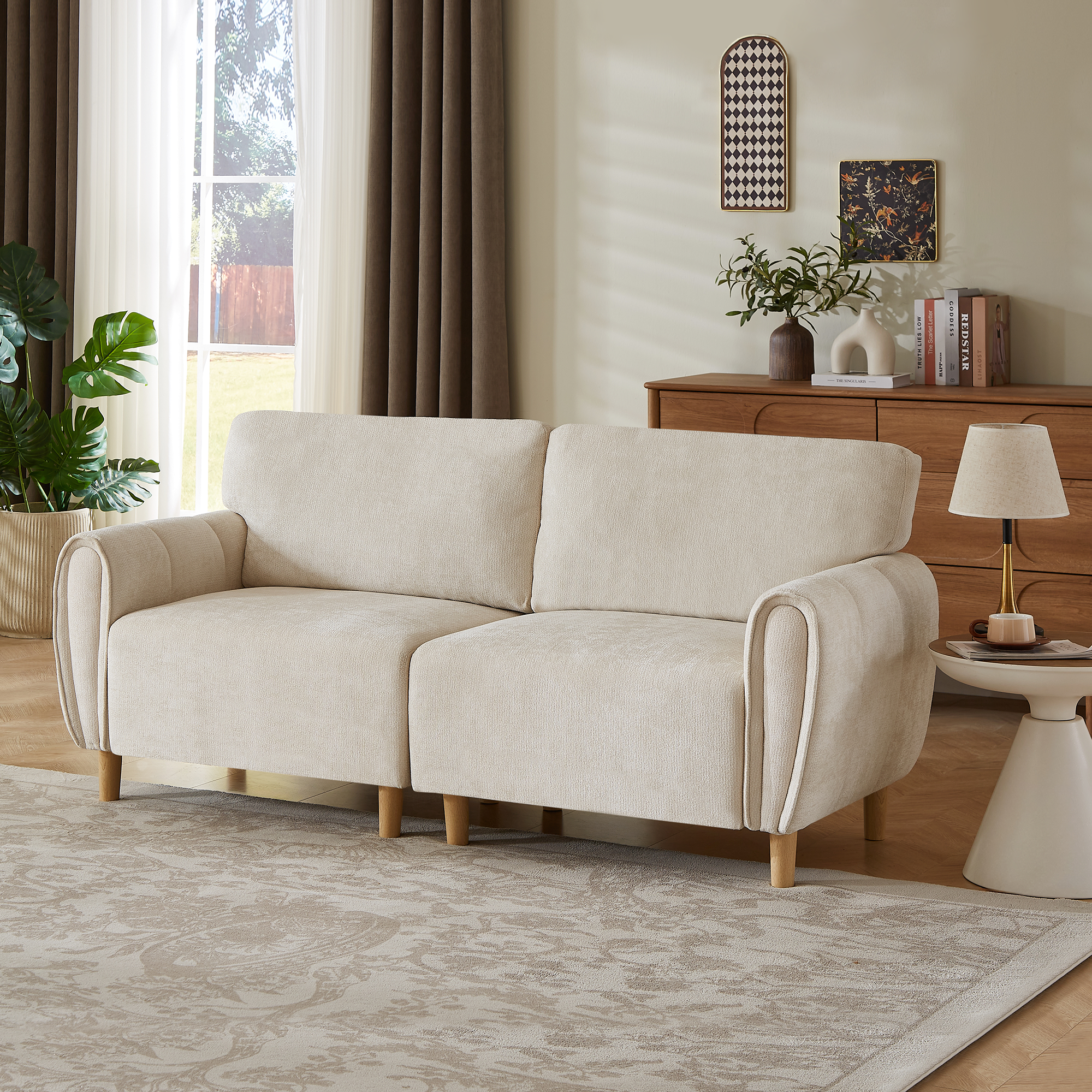 Angle. Electra Tech Xpress - Modern Chenille Upholstered Couch, Large Loveseat for Small Space - WHITE.