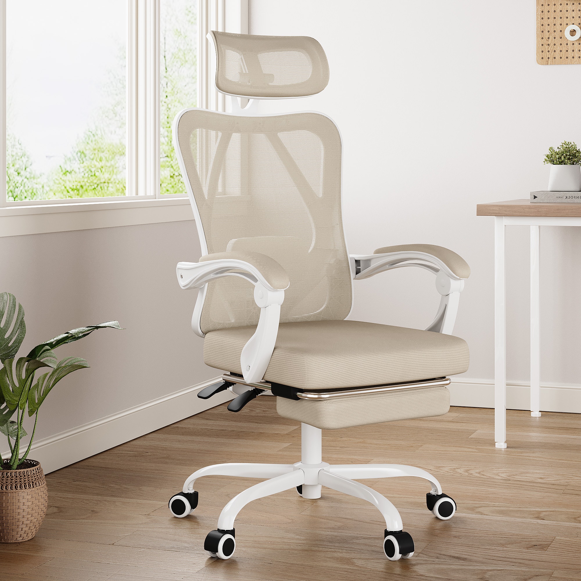 PexFix - Ergonomic Office Chair with 135° Recline, Adjustable Headrest & Lumbar Support, 400 lb Capacity - White+Khaki