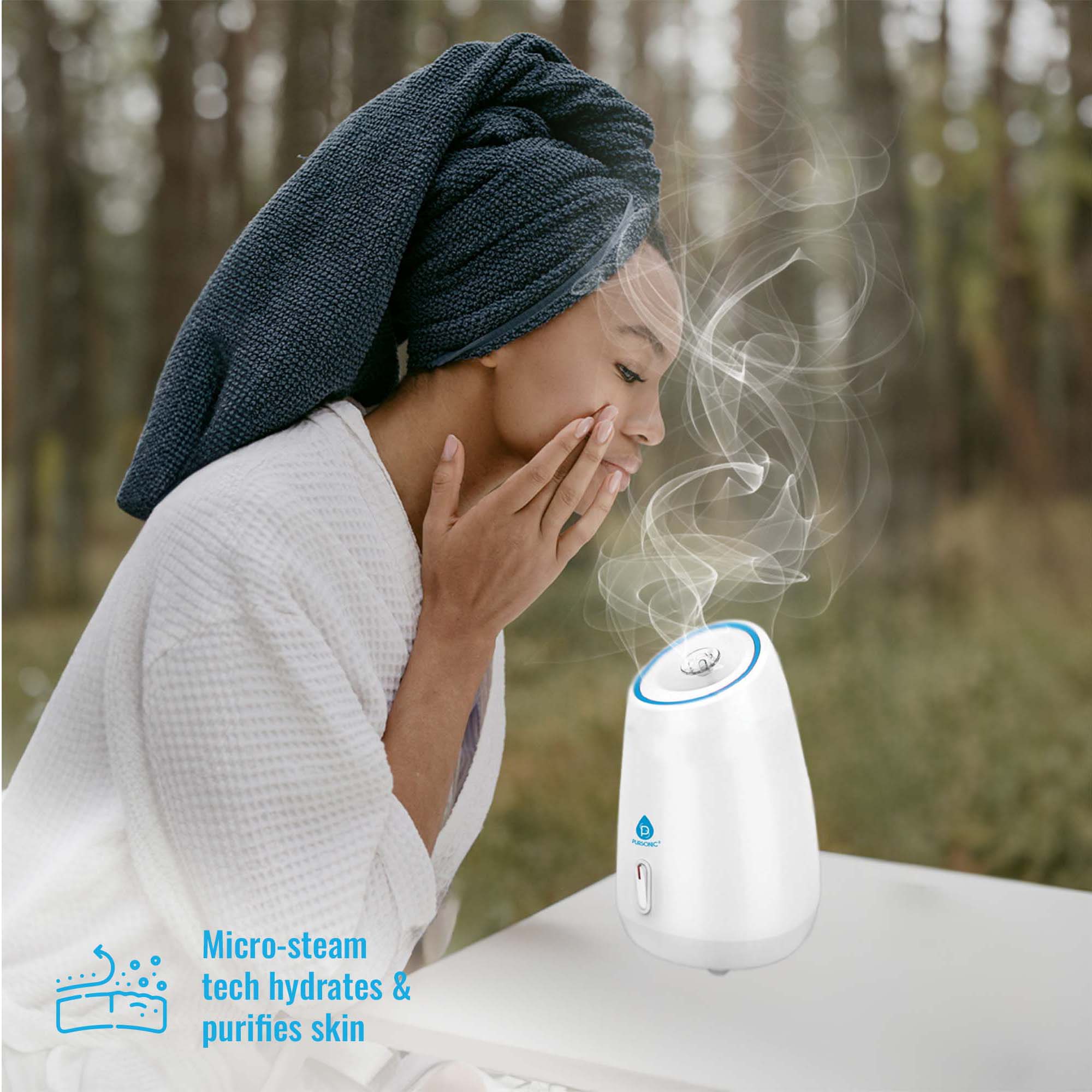 P 1e Micro-steam tech hydrates & purifies skin