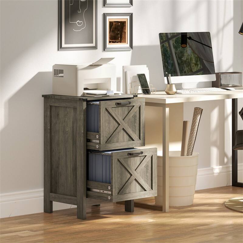 Alt View 1. HTUTWOO - File Cabinet with 2 Drawers - Rustic Office Storage Cabinet, Barn Door Design,Anti-Tipping Safety,Silent Smooth Slippers - Gray.