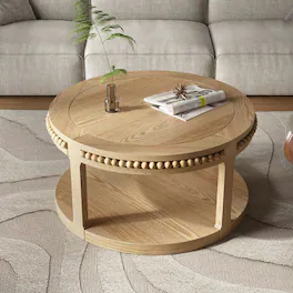 Loheer - 31.5 inch round solid wood coffee table Two-Tier Open Storage - Natural Wood