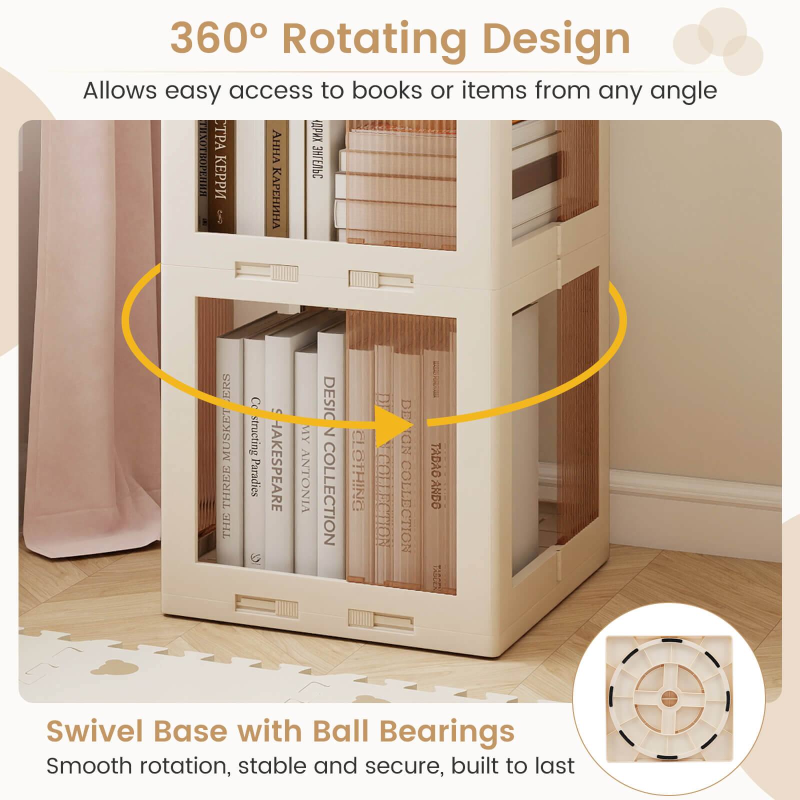 360° Rotating Design  
Allows easy access to books or items from any angle

Swivel Base with Ball Bearings  
Smooth rotation, stable and secure, built to last