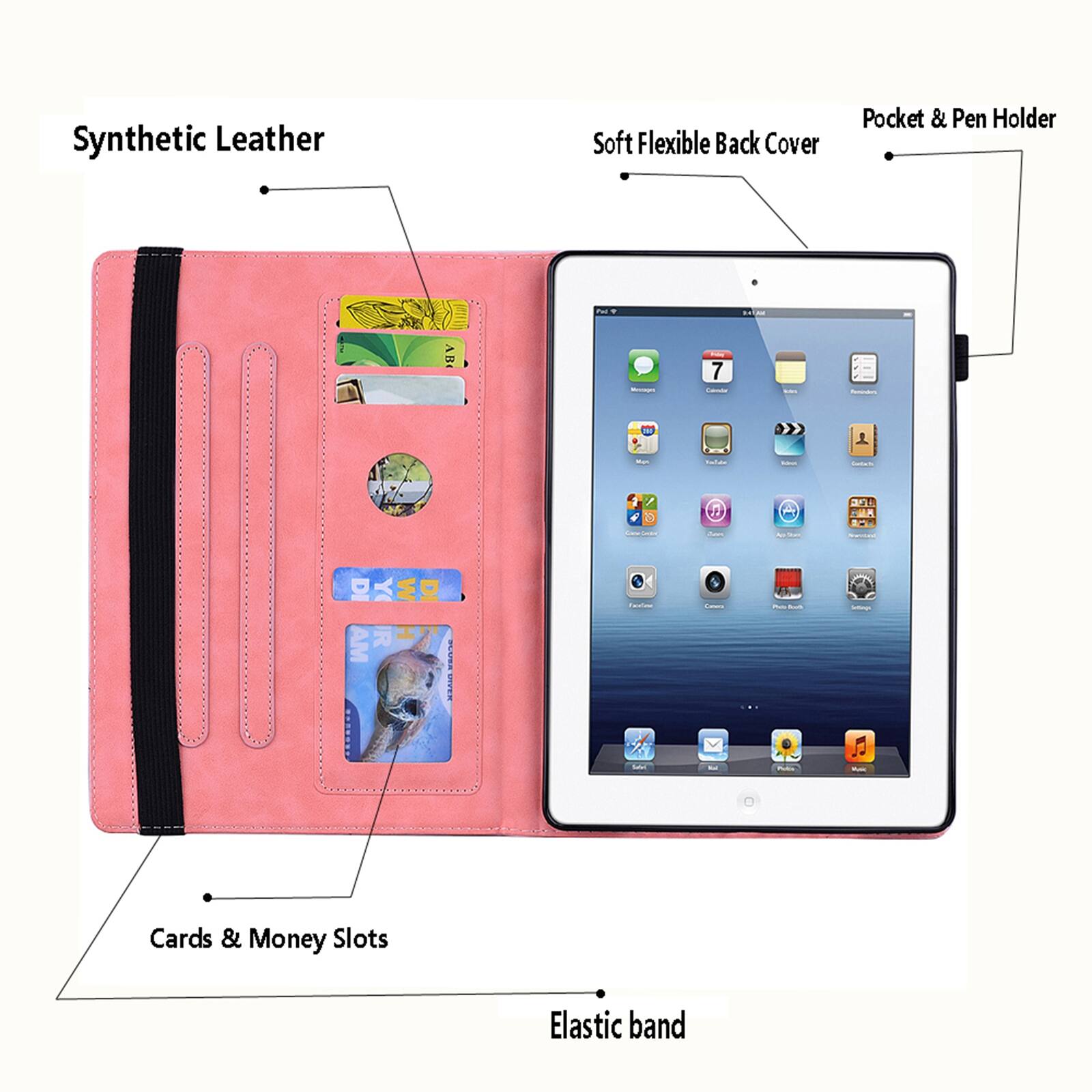 Synthetic Leather Soft Flexible Back Cover Pocket & Pen Holder AB - 7 - - -   O UA I AM i - ...ES. E Cards & Money Slots Elastic band