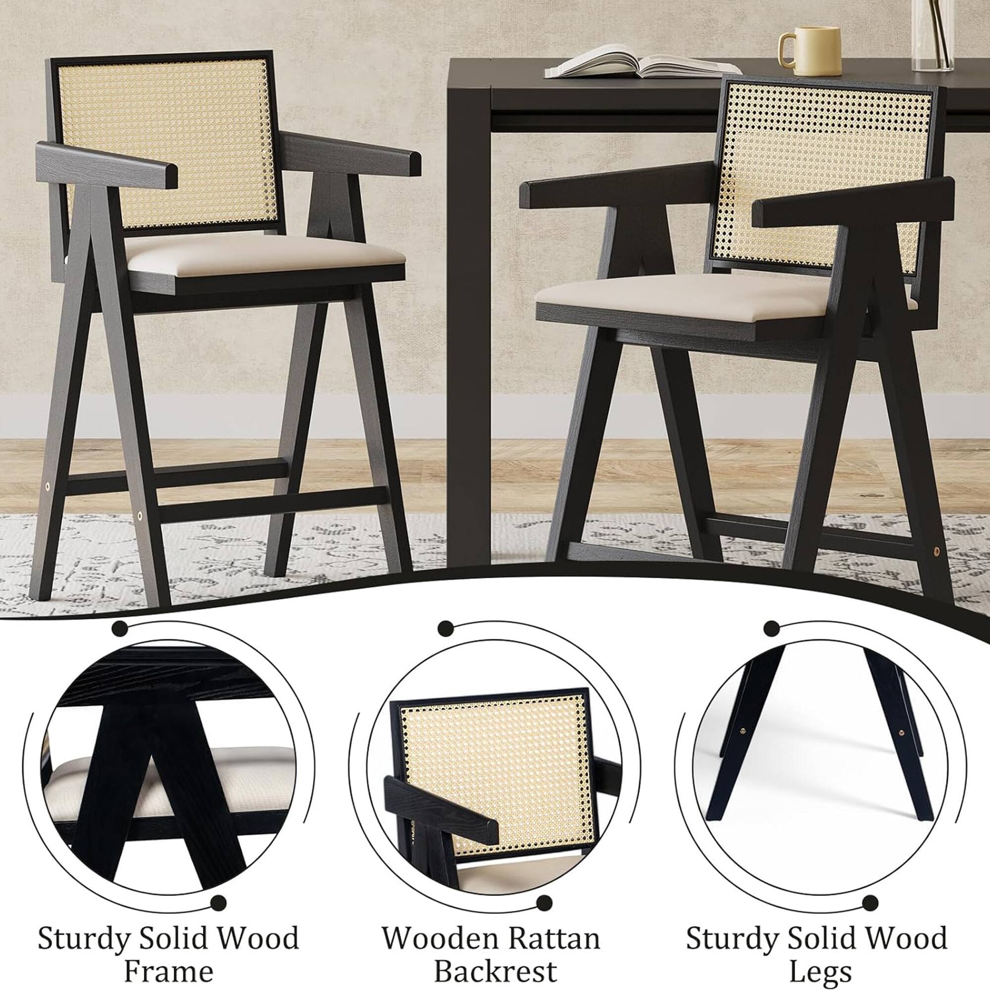 - Sturdy Solid Wood Frame
- Wooden Rattan Backrest
- Sturdy Solid Wood Legs