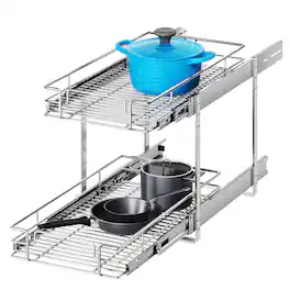 LOVMOR - 2 Tier Individual Pull Out Cabinet Organizer 10.5in W x 18in D Slide Out Kitchen Cabinet Storage Sliding Shelves - Silver