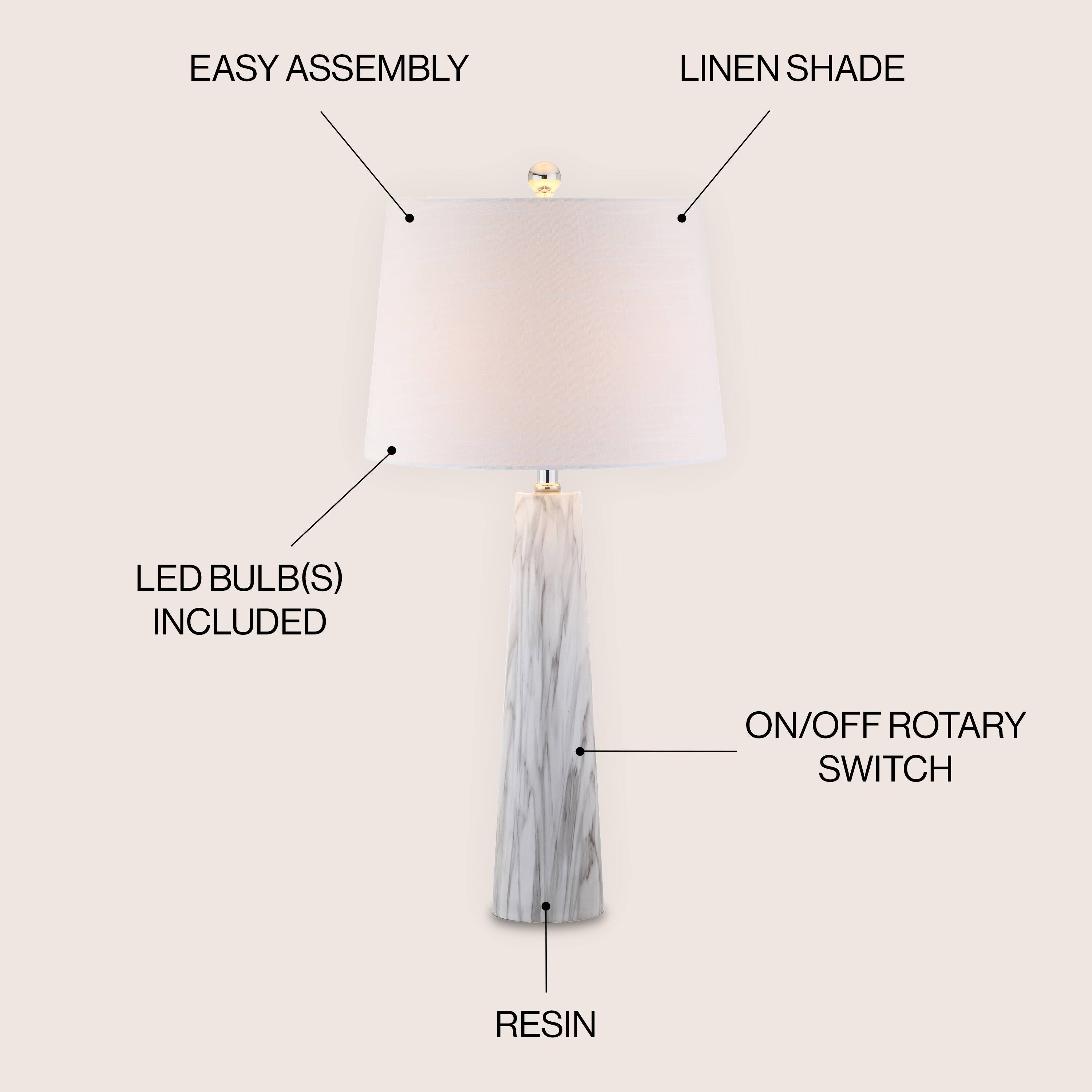 EASY ASSEMBLY  
LINEN SHADE  
LED BULB(S) INCLUDED  
ON/OFF ROTARY SWITCH  
RESIN