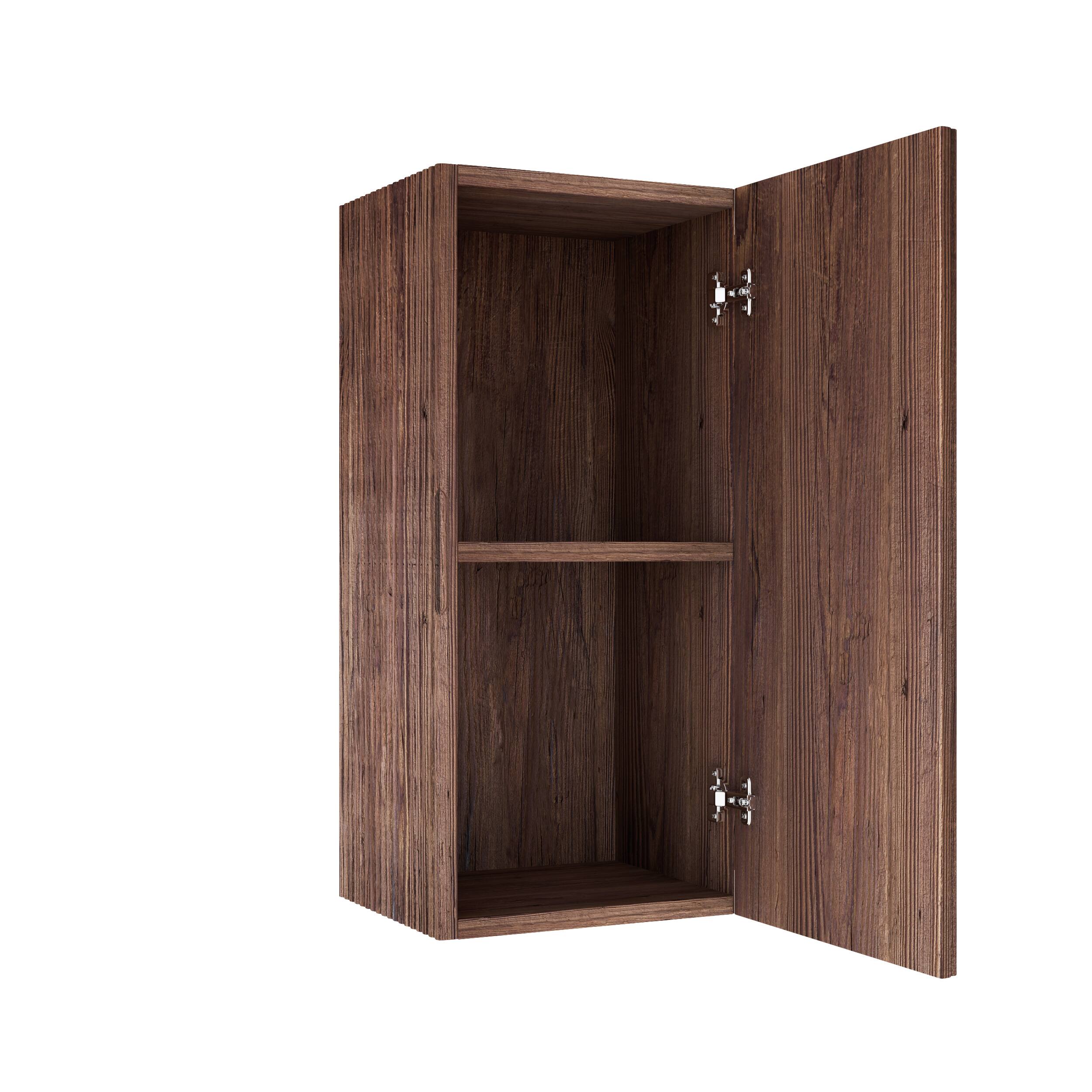 Left. TinyHomie - 14in Wall-Mounted Floating Striped Bathroom Vanity Side Cabinet with a Door and a Shelf - Walnut.