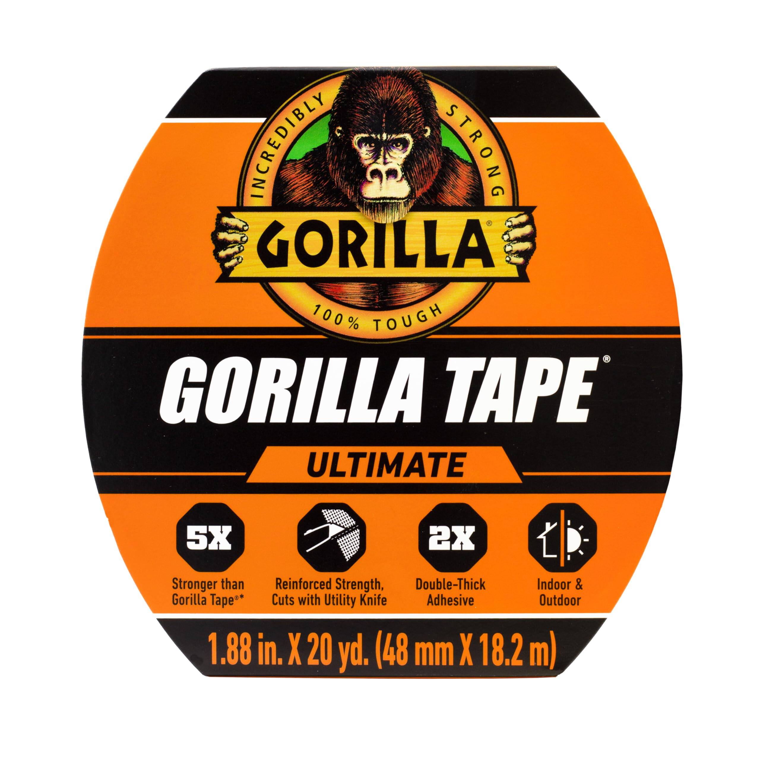 INCREDIBLY STRONG GORILLA TAPE  
100% TOUGH  

GORILLA TAPE  
ULTIMATE  

5X Stronger than Gorilla Tape*  
Reinforced Strength, Cuts with Utility Knife  
2X Double-Thick Adhesive  
Indoor & Outdoor  

1.88 in. X 20 yd. (48 mm X 18.2 m)