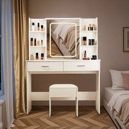 Ecooso - Modern Vanity Table with LED Mirror, Hidden Storage, Adjustable Brightness, Stool - White