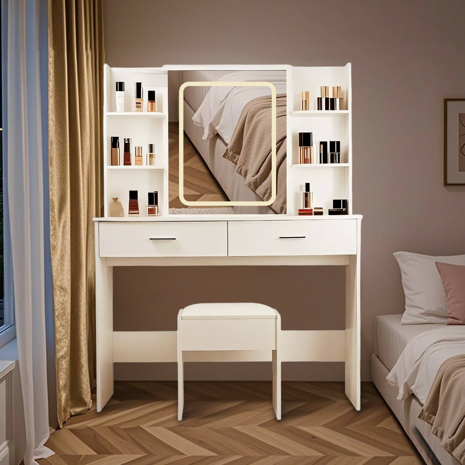 Front. Ecooso - Modern Vanity Table with LED Mirror, Hidden Storage, Adjustable Brightness, Stool - White.