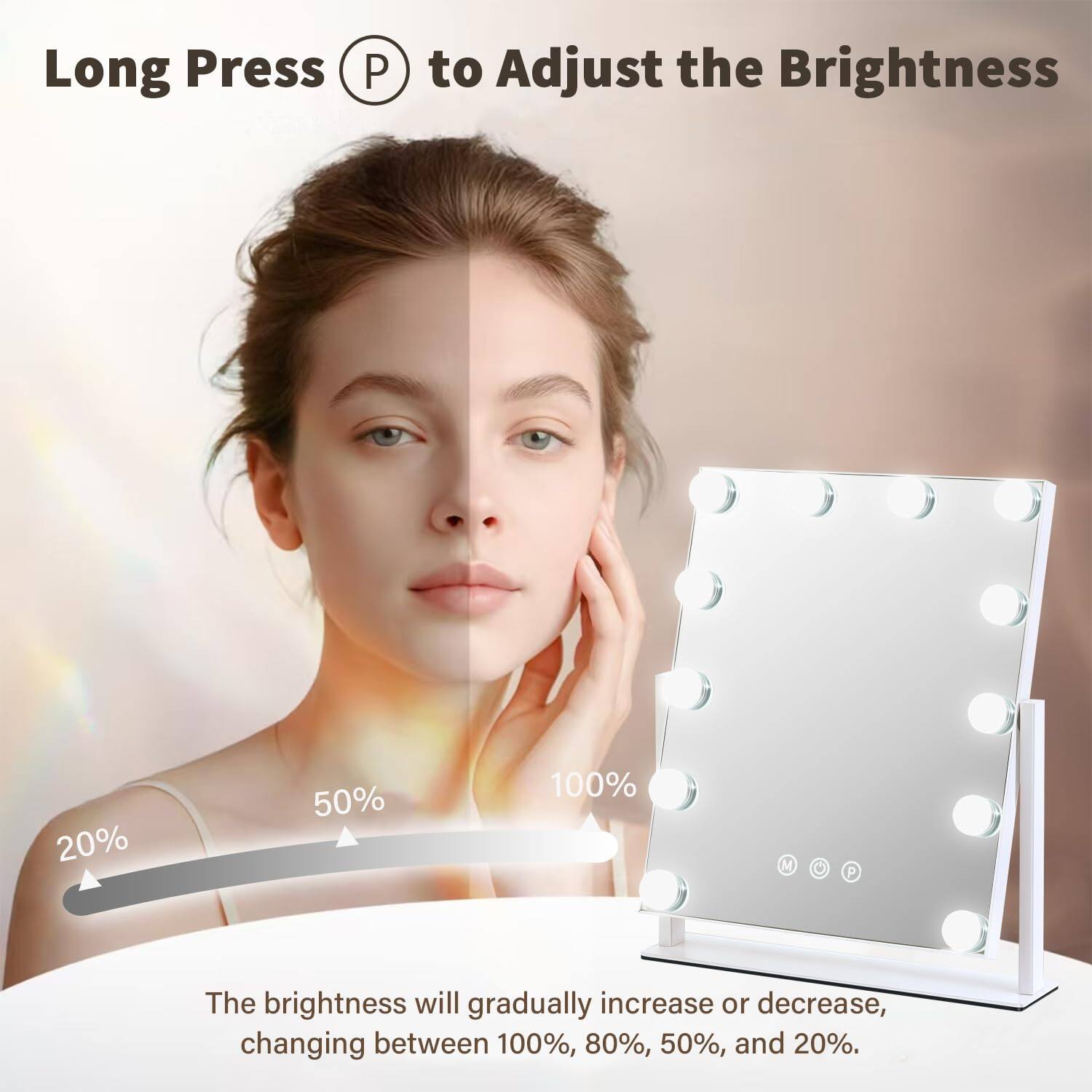Long Press P to Adjust the Brightness

The brightness will gradually increase or decrease, changing between 100%, 80%, 50%, and 20%.