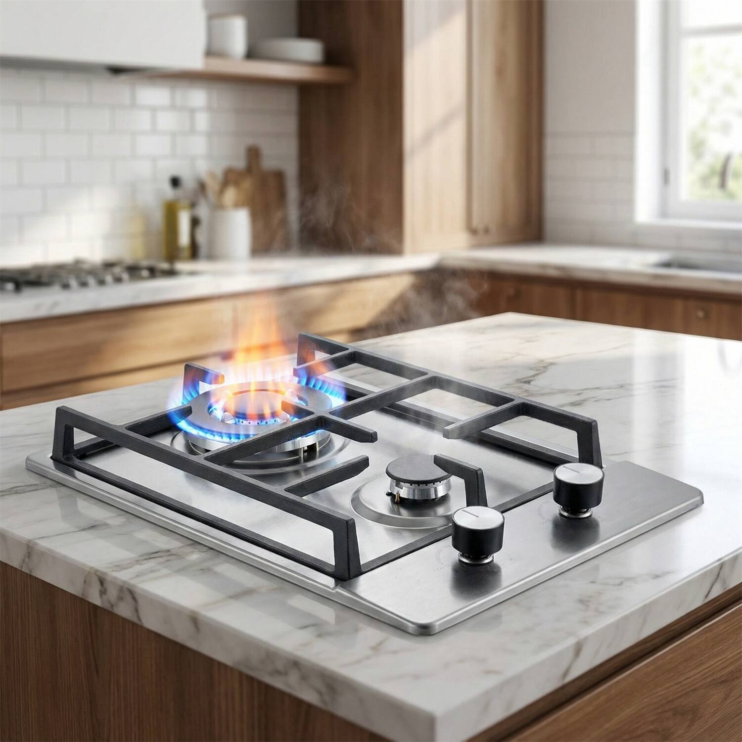 Angle. Forest'nSky - 12" Built-In 2-Burner Gas Cooktop - 12250 BTU Max, Stainless Steel, LPG/NG Convertible - Silver.
