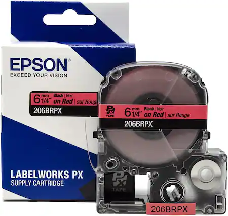 EPSON
EXCEED YOUR VISION
6 mm Black | Noir
6 1/4" on Red | sur Rouge
206BRPX
LABELWORKS PX
SUPPLY CARTRIDGE
TAPE
206BRPX