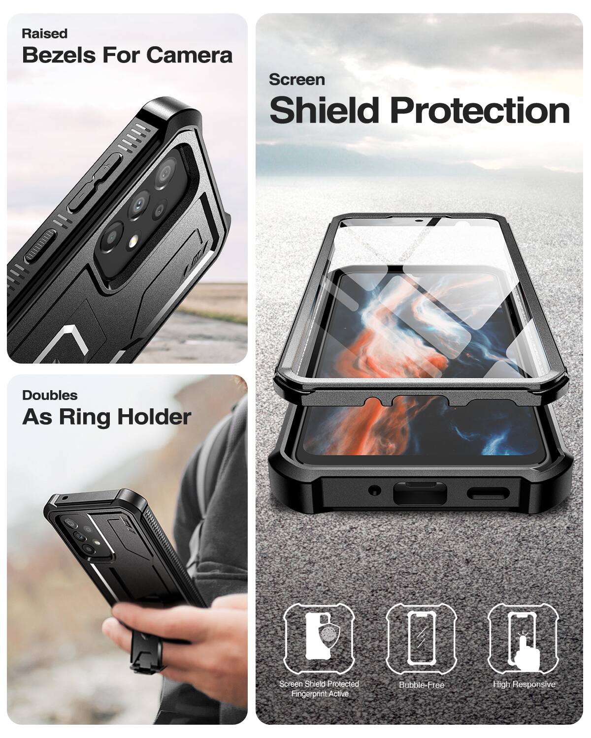 Raised Bezels For Camera  
Screen Shield Protection  
Doubles As Ring Holder  

Screen Shield Protected  
Bubble-Free  
High Responsive  
Fingerprint Active